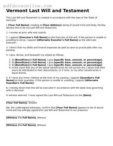 Attorney-Verified  Last Will and Testament Form for Vermont