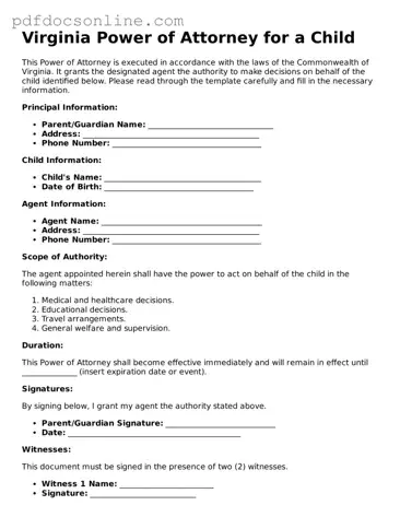 Attorney-Verified  Power of Attorney for a Child Form for Virginia