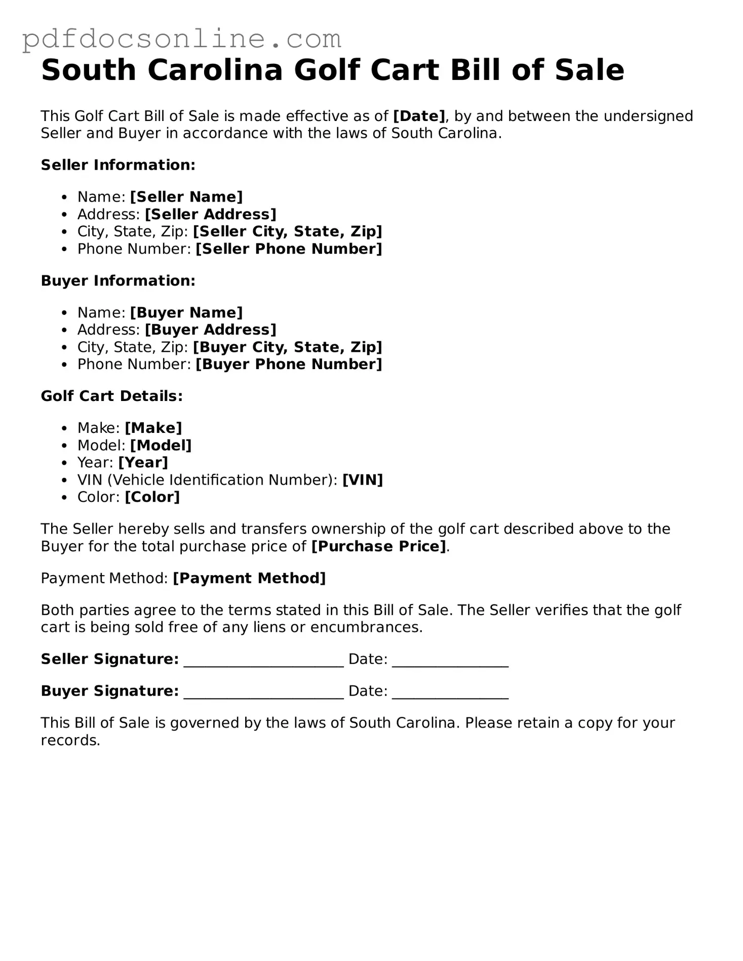 Attorney-Verified  Golf Cart Bill of Sale Form for South Carolina