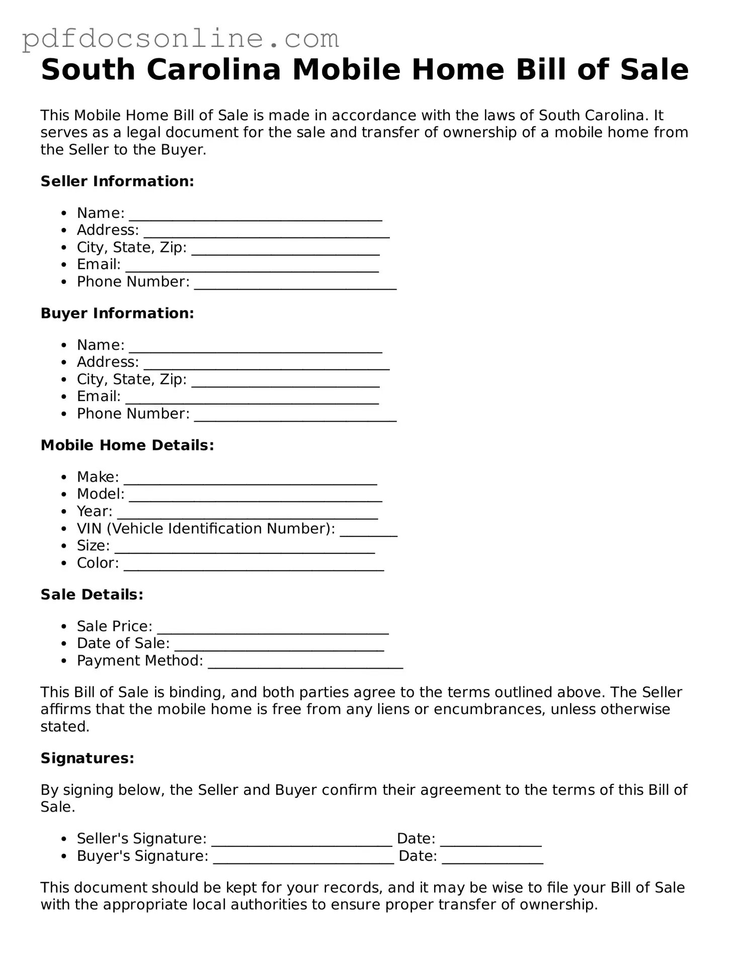Attorney-Verified  Mobile Home Bill of Sale Form for South Carolina
