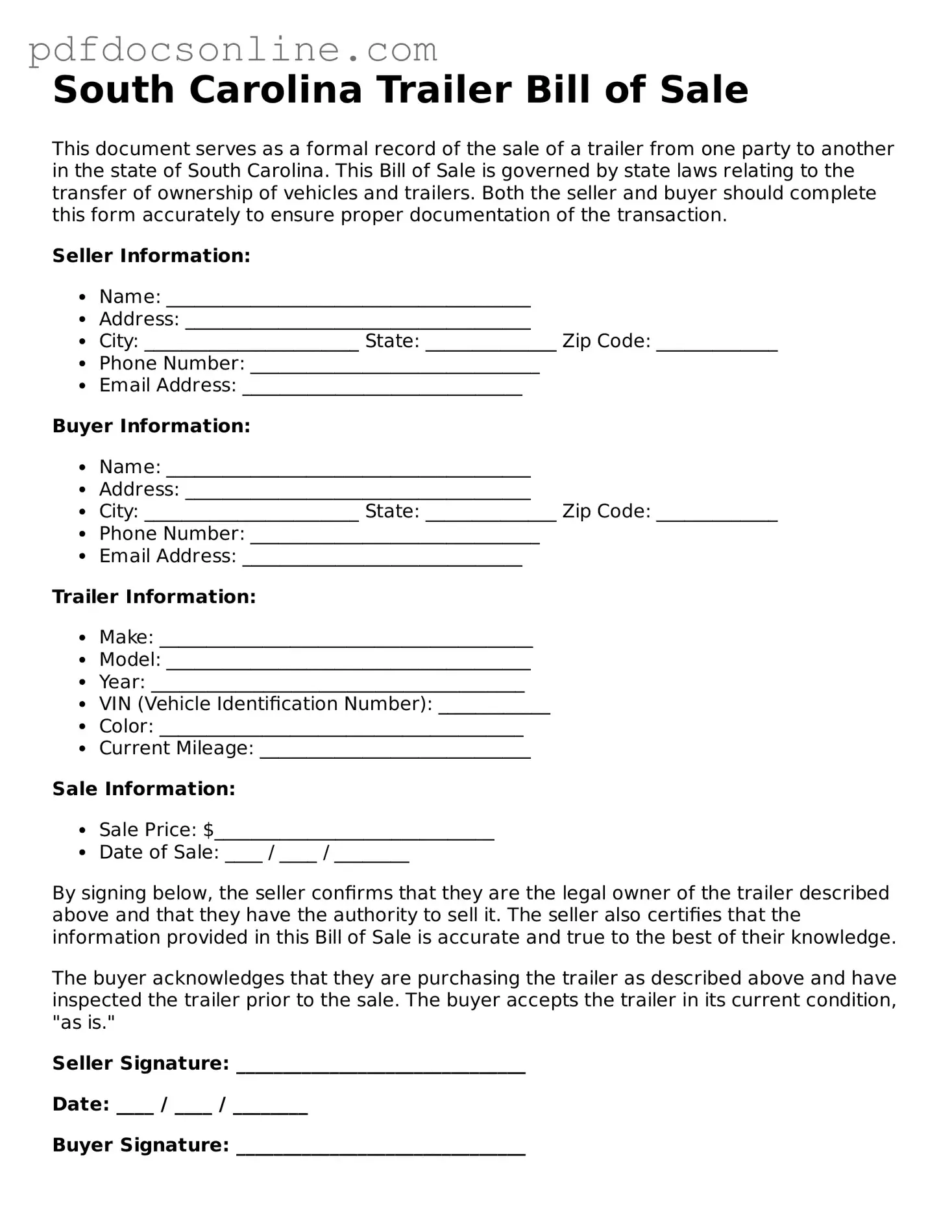 Attorney-Verified  Trailer Bill of Sale Form for South Carolina