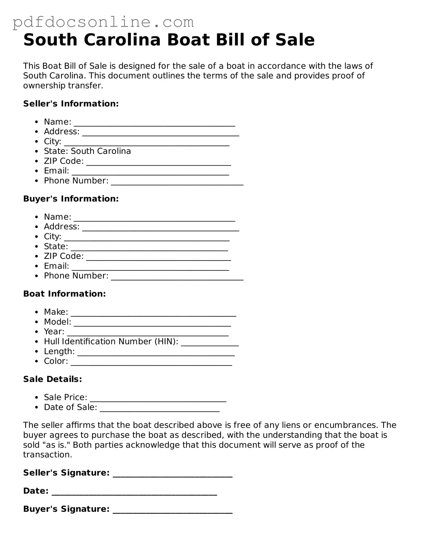 Attorney-Verified  Boat Bill of Sale Form for South Carolina