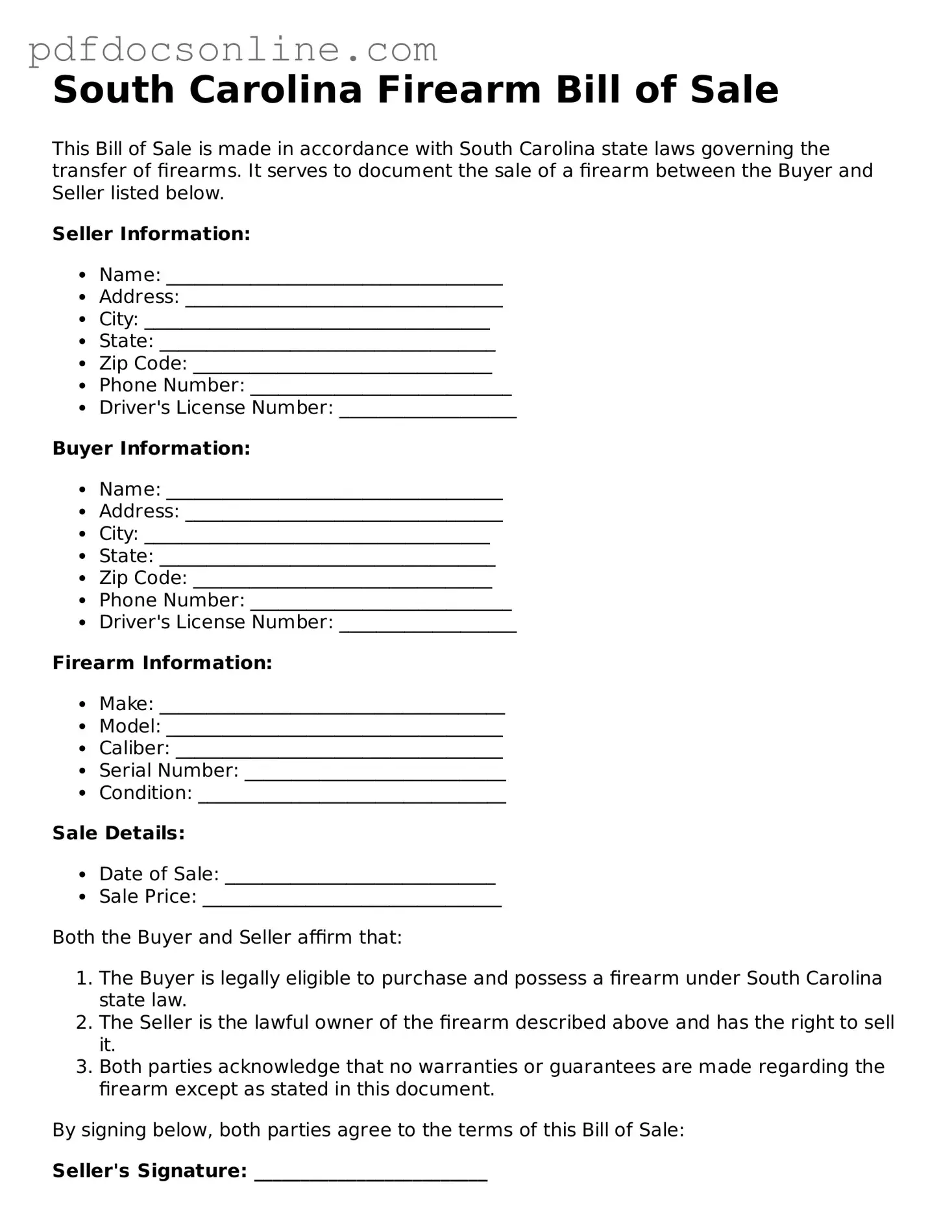 Attorney-Verified  Firearm Bill of Sale Form for South Carolina