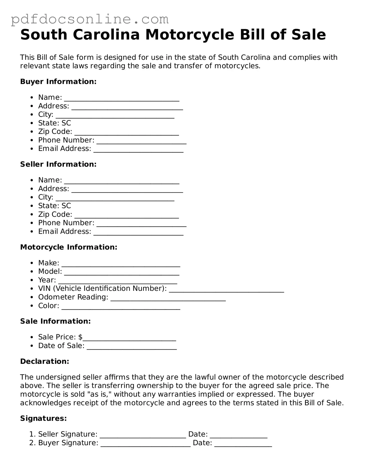 Attorney-Verified  Motorcycle Bill of Sale Form for South Carolina