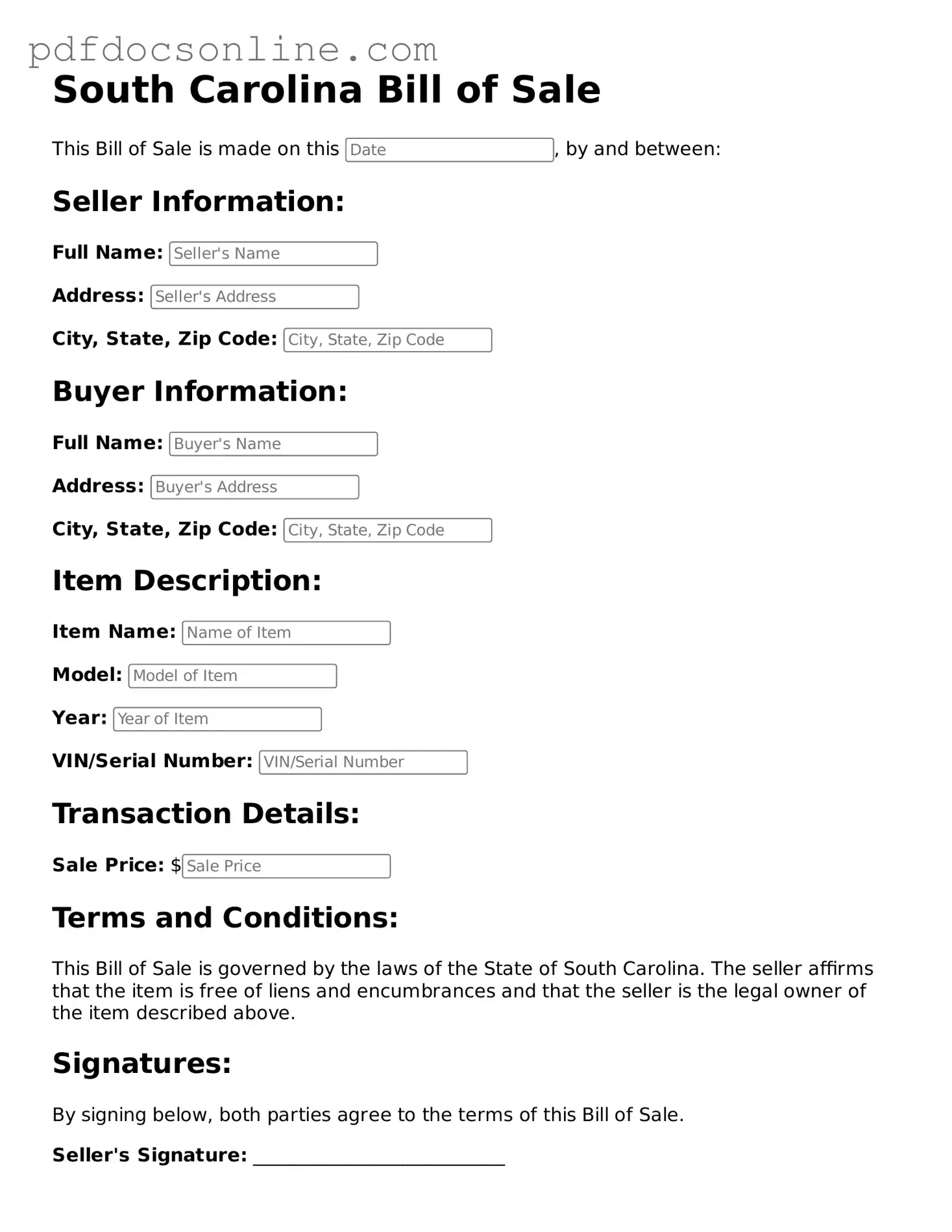 Attorney-Verified  Bill of Sale Form for South Carolina