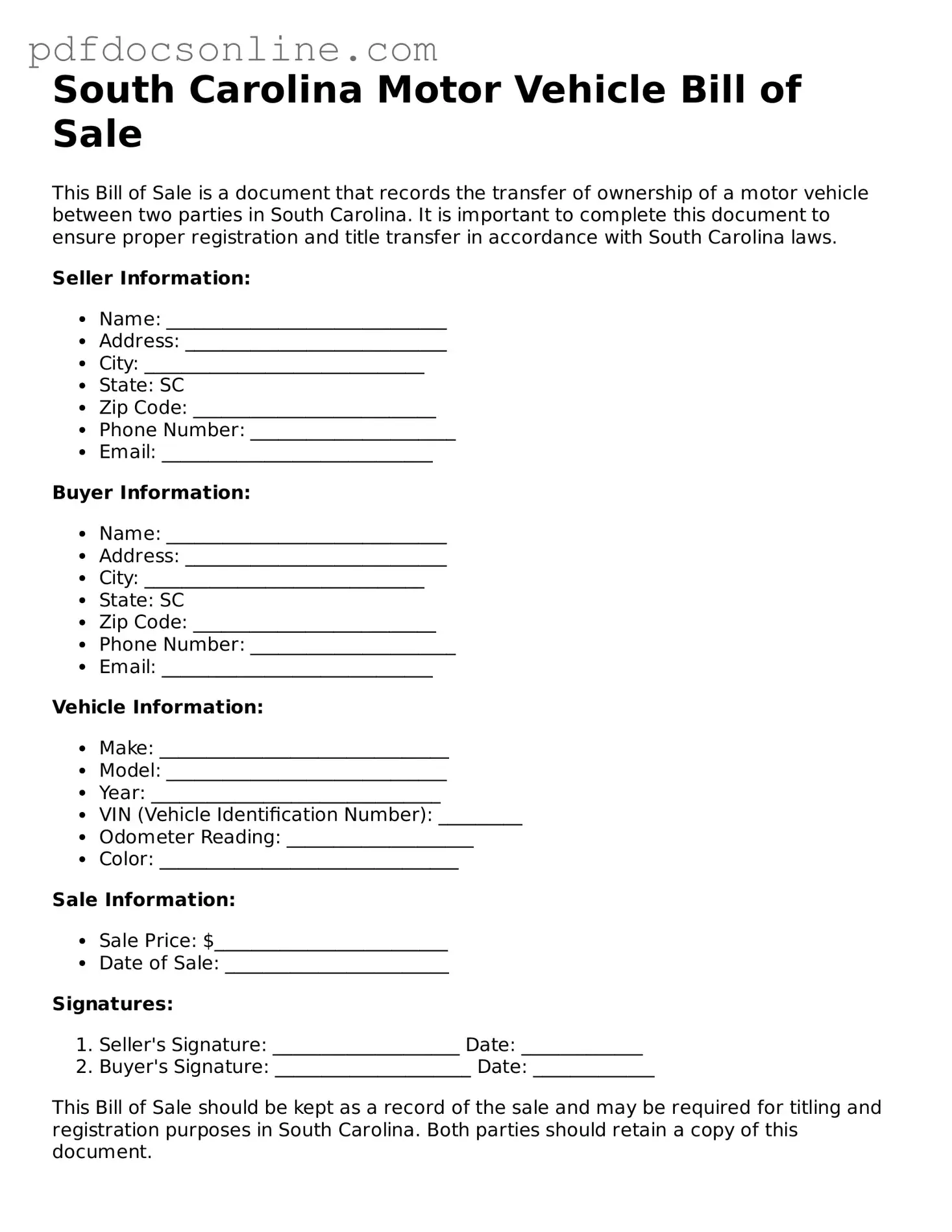 Attorney-Verified  Motor Vehicle Bill of Sale Form for South Carolina