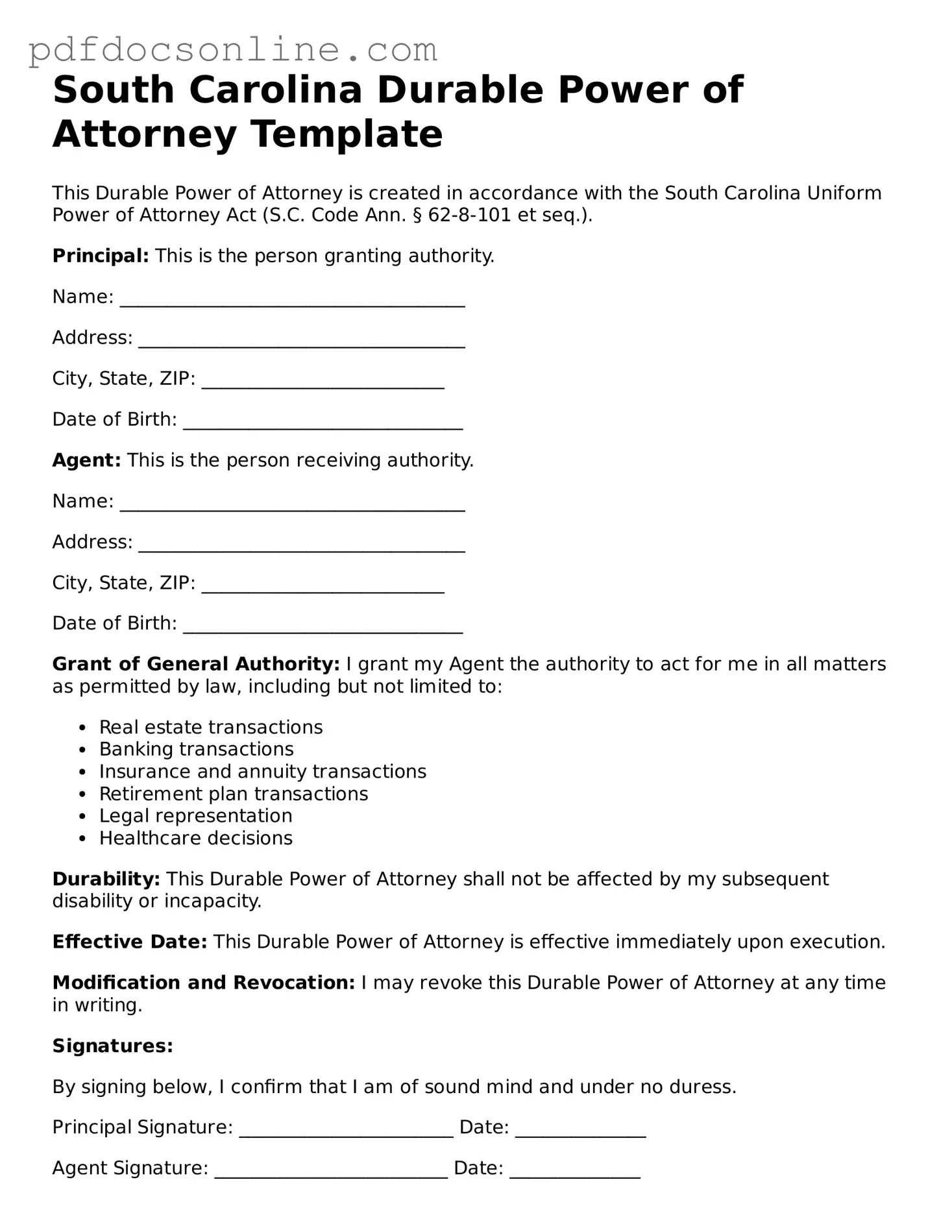 Attorney-Verified  Durable Power of Attorney Form for South Carolina