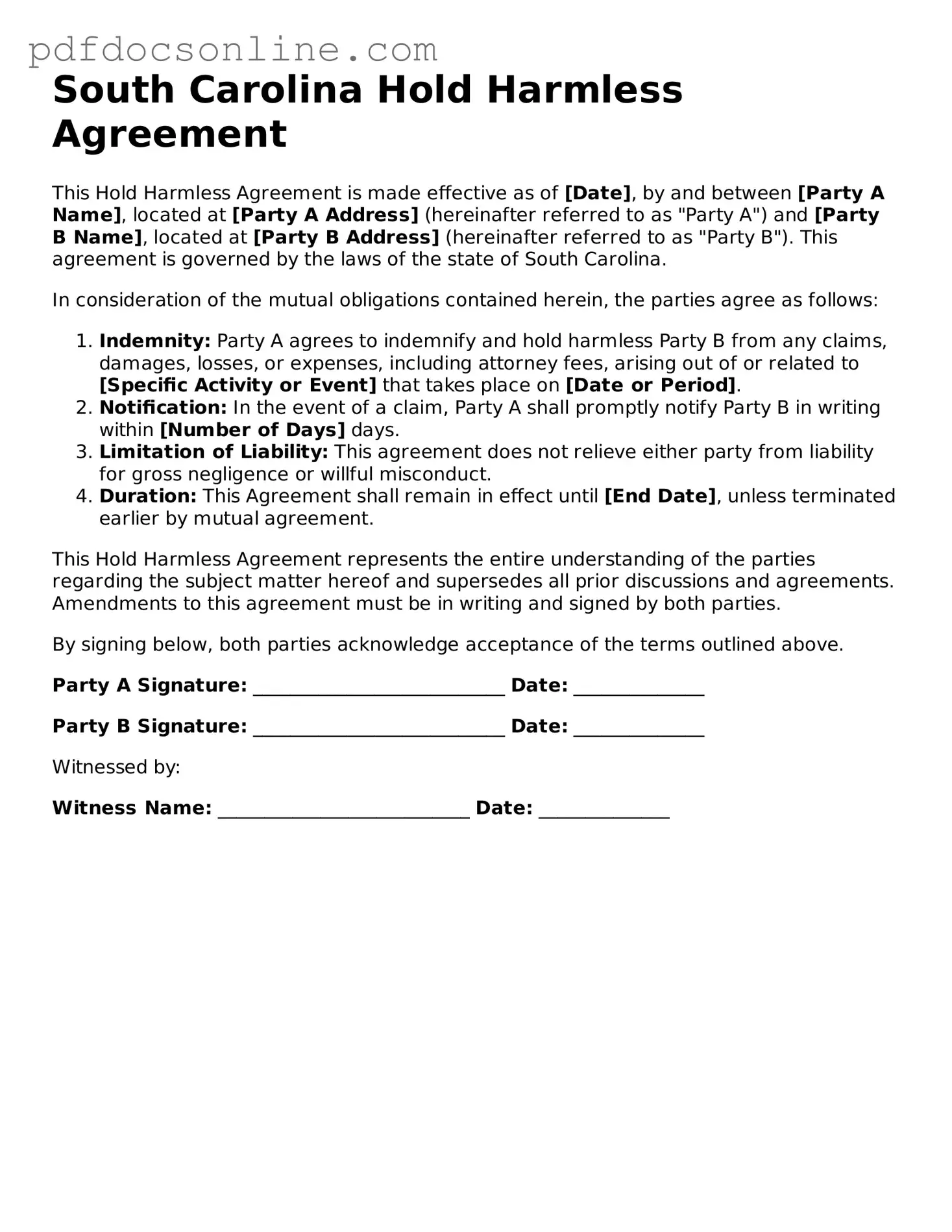 Attorney-Verified  Hold Harmless Agreement Form for South Carolina
