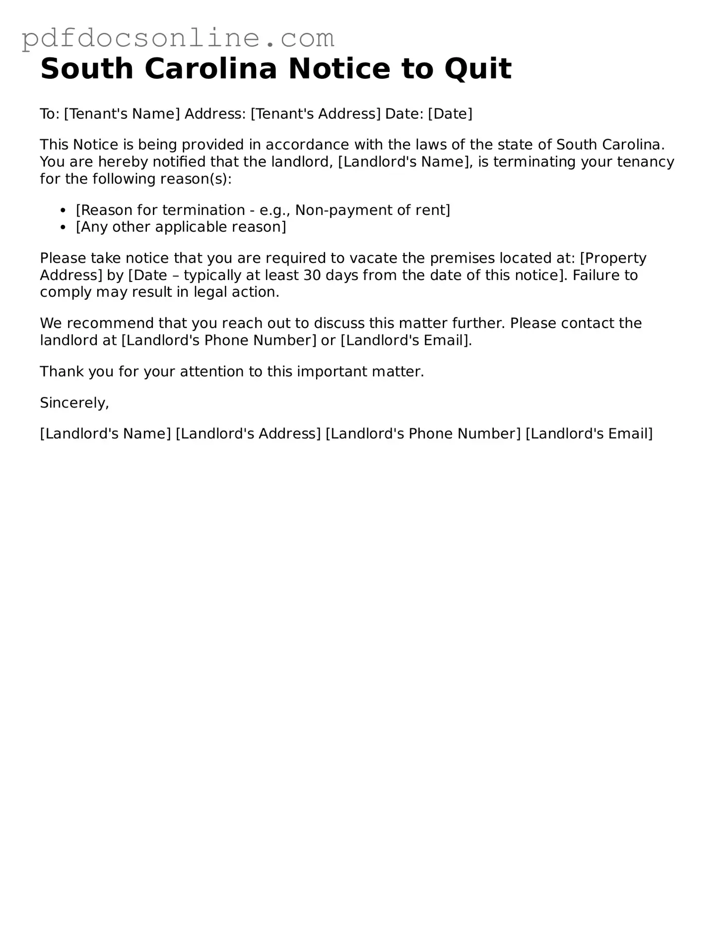 Attorney-Verified  Notice to Quit Form for South Carolina