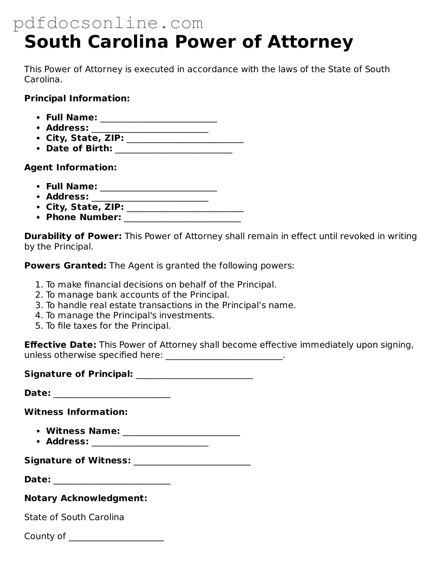 Attorney-Verified  Power of Attorney Form for South Carolina
