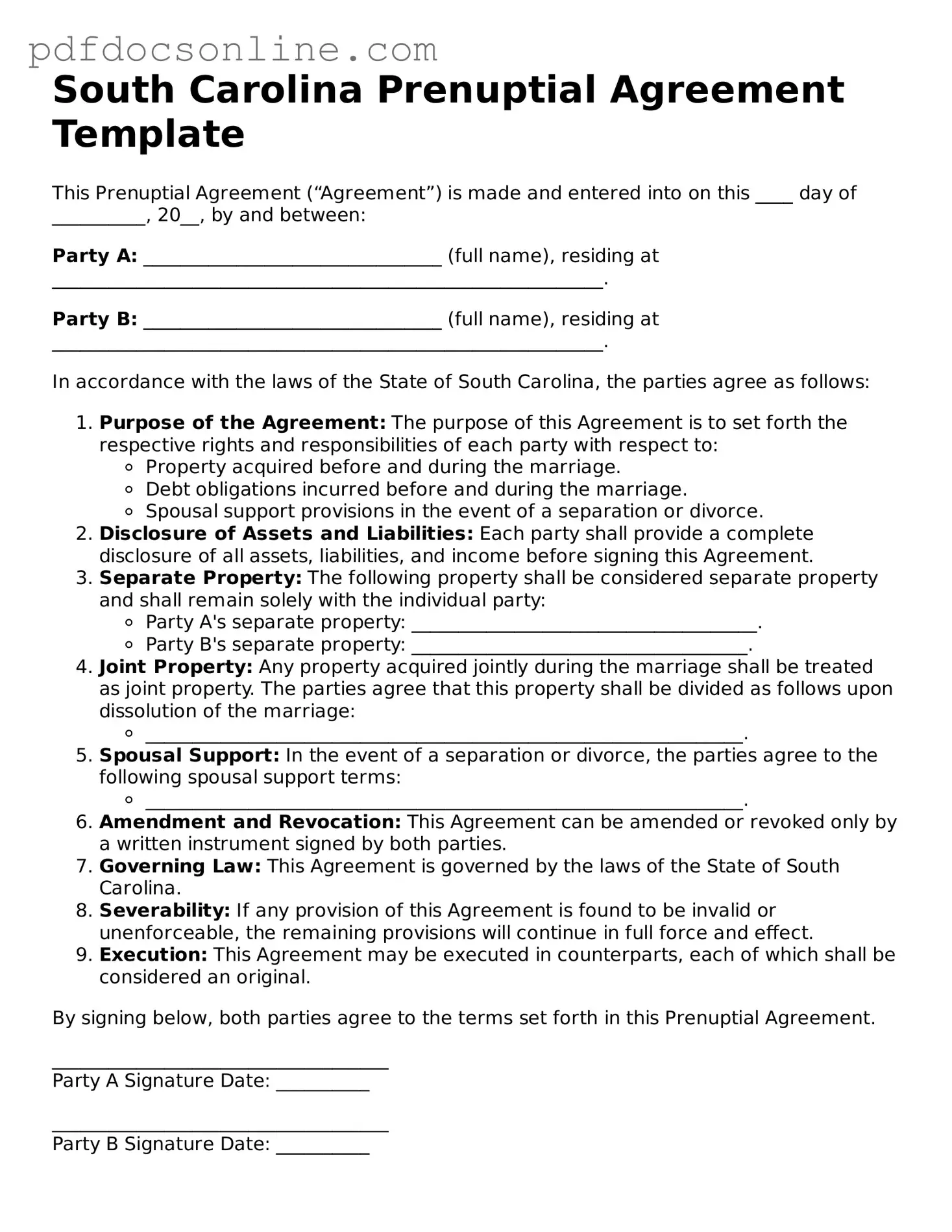 Attorney-Verified  Prenuptial Agreement Form for South Carolina