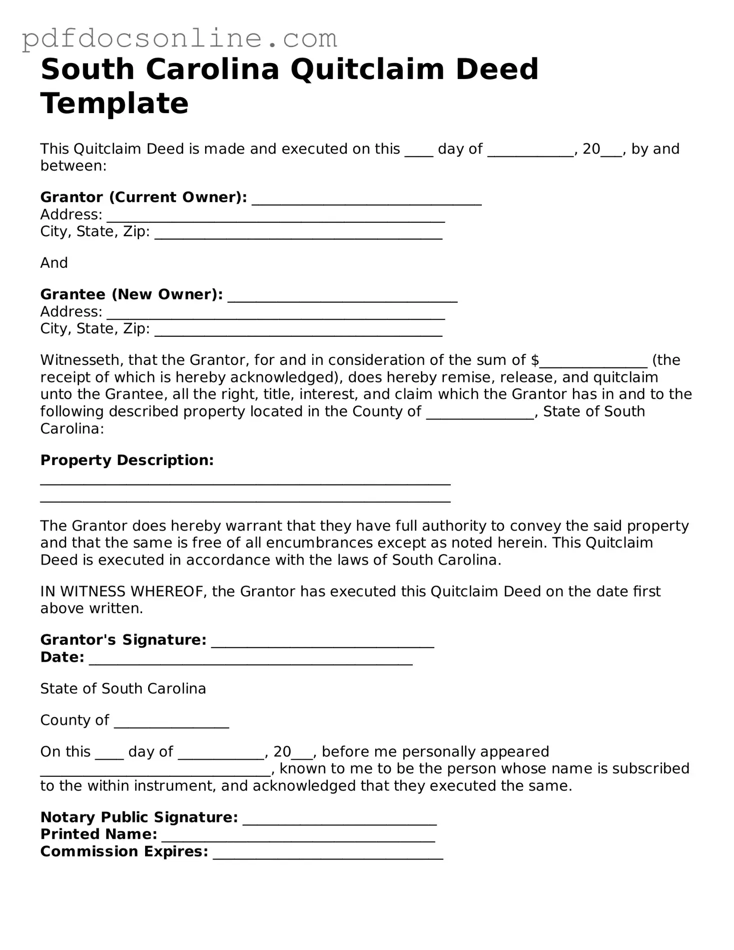 Attorney-Verified  Quitclaim Deed Form for South Carolina