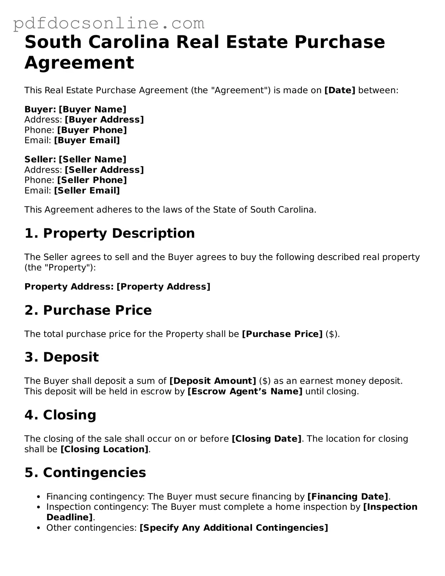 Attorney-Verified  Real Estate Purchase Agreement Form for South Carolina