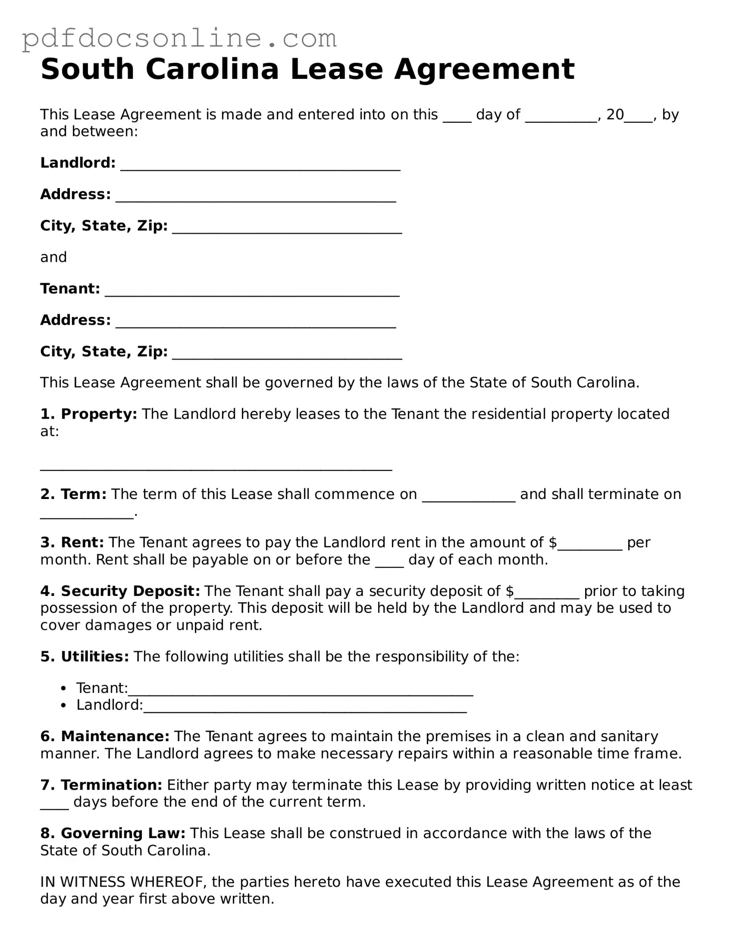 Attorney-Verified  Lease Agreement Form for South Carolina