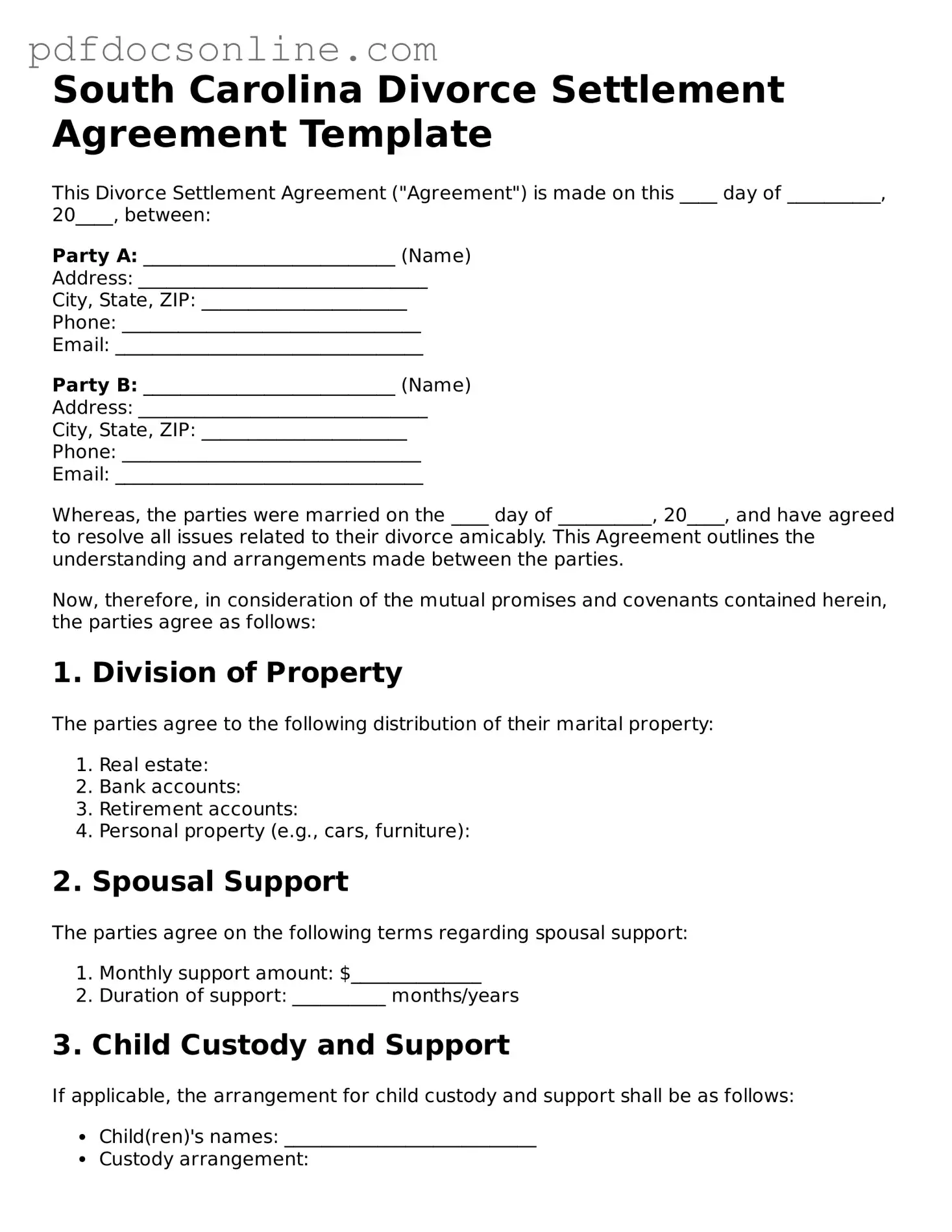 Attorney-Verified  Divorce Settlement Agreement Form for South Carolina