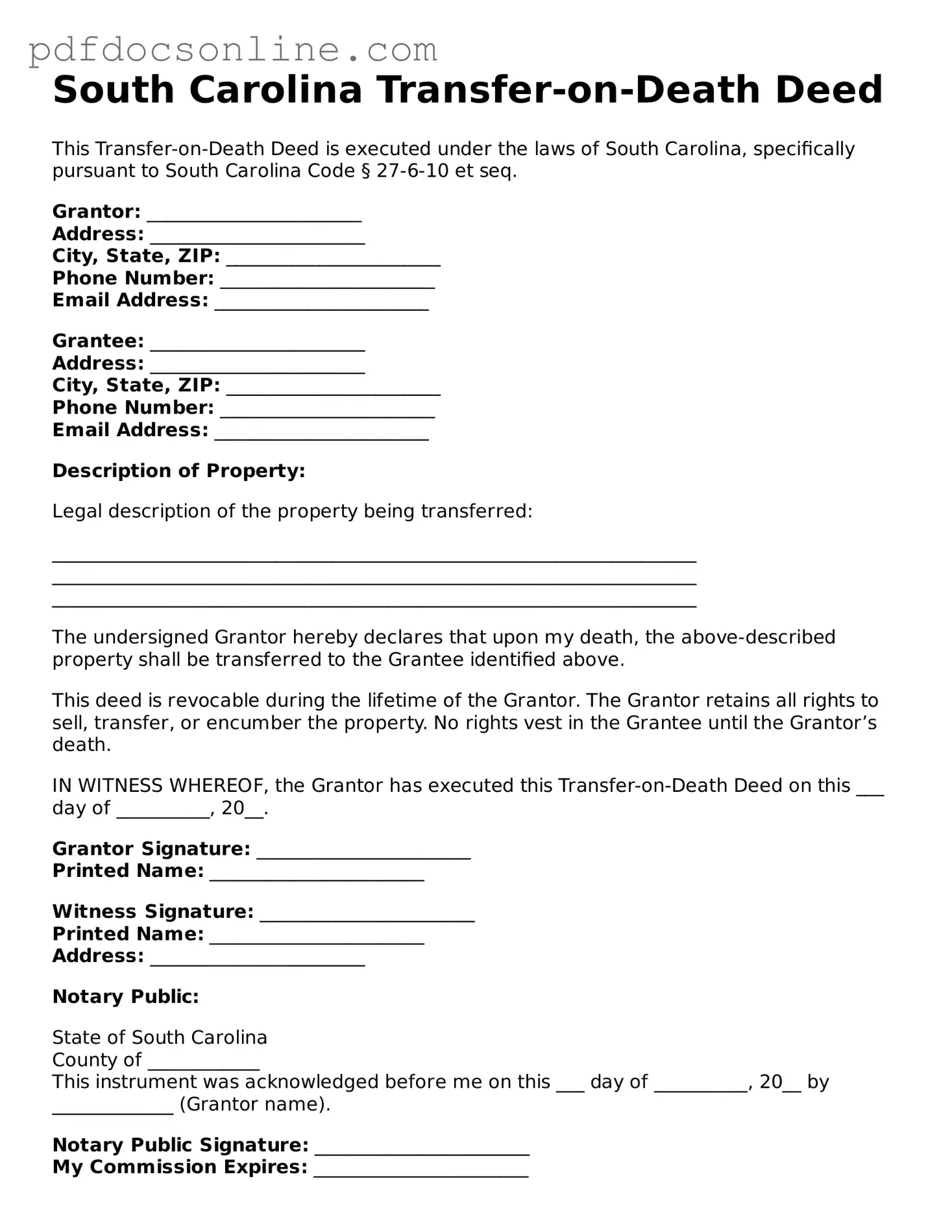 Attorney-Verified  Transfer-on-Death Deed Form for South Carolina