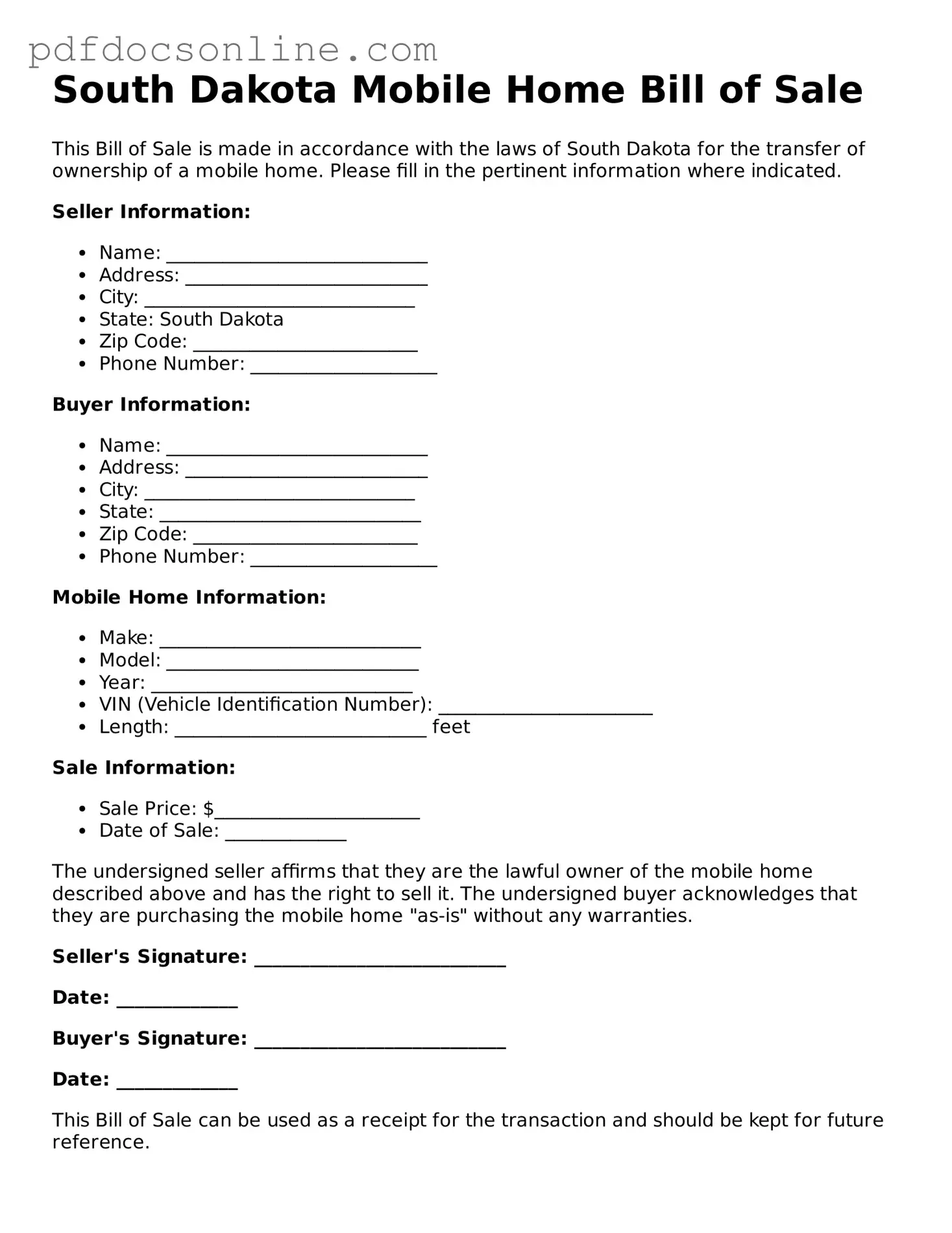 Attorney-Verified  Mobile Home Bill of Sale Form for South Dakota