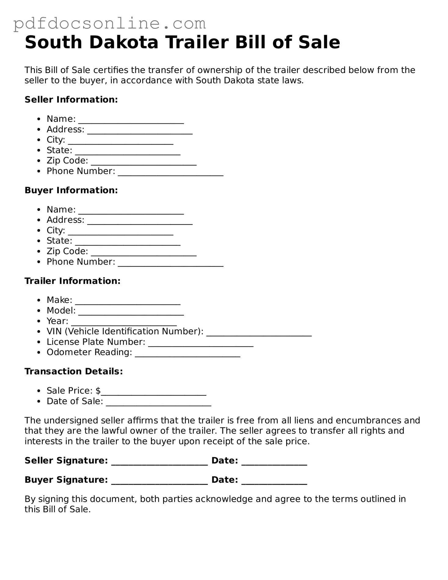 Attorney-Verified  Trailer Bill of Sale Form for South Dakota