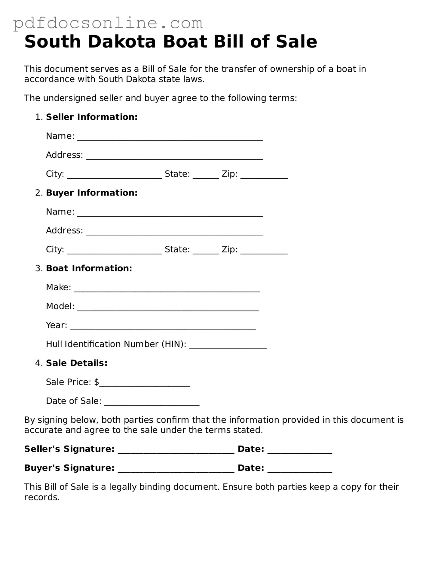Attorney-Verified  Boat Bill of Sale Form for South Dakota