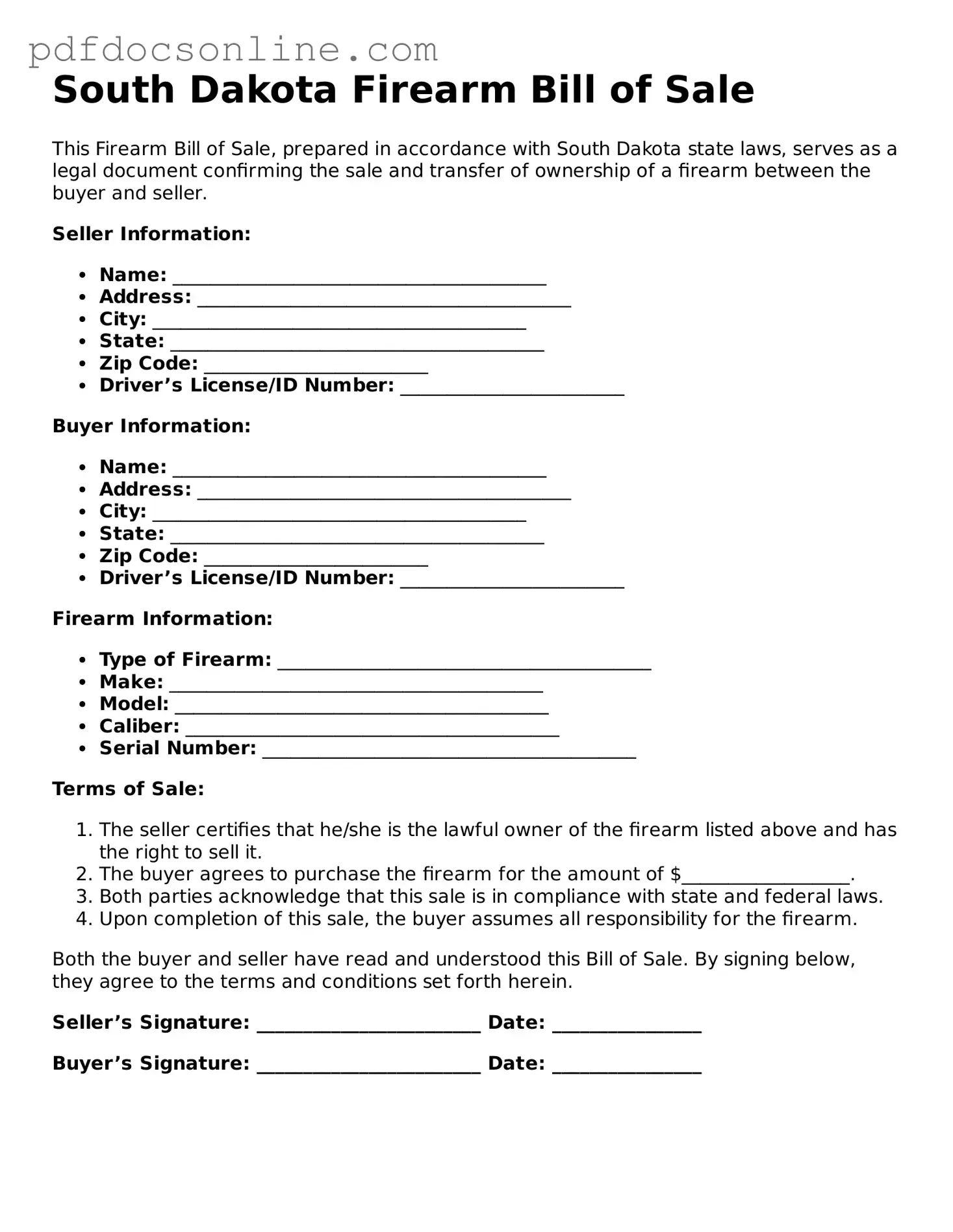 Attorney-Verified  Firearm Bill of Sale Form for South Dakota