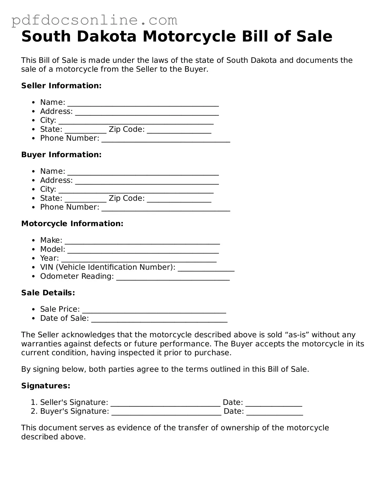 Attorney-Verified  Motorcycle Bill of Sale Form for South Dakota