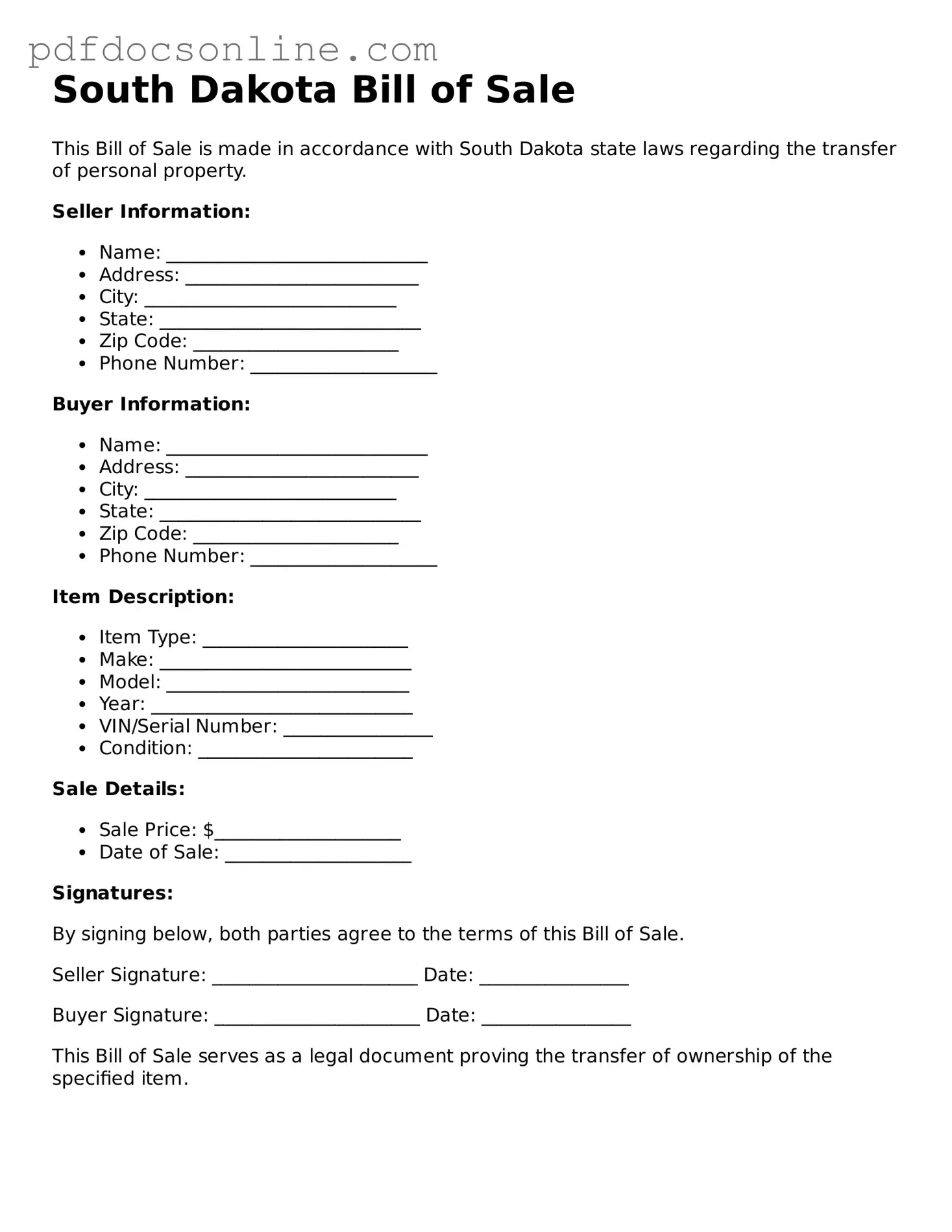 Attorney-Verified  Bill of Sale Form for South Dakota
