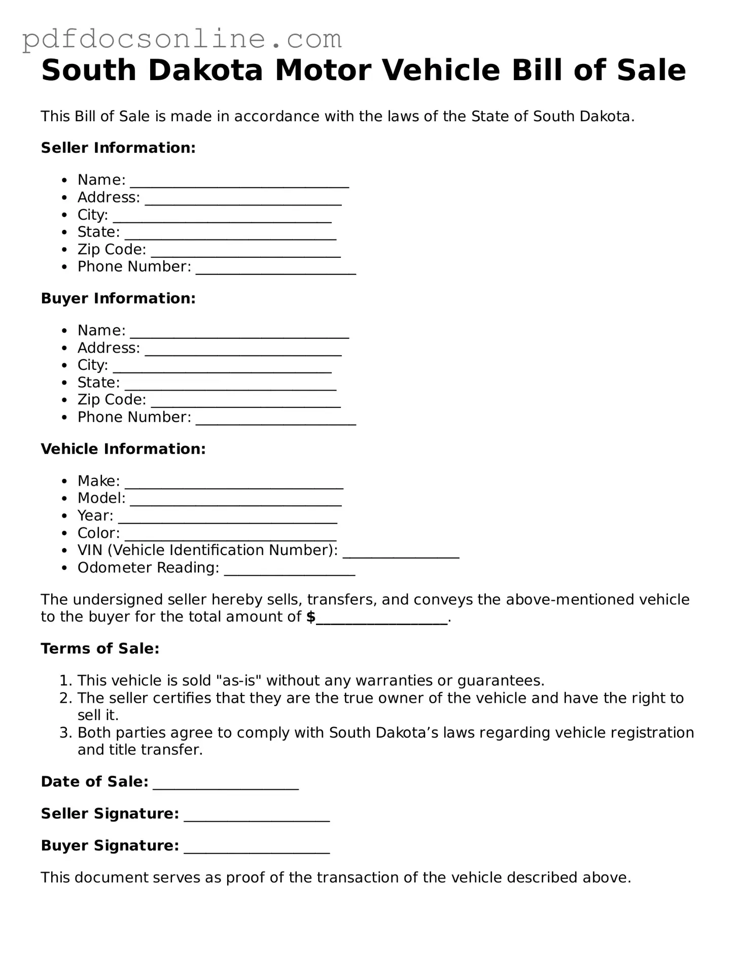 Attorney-Verified  Motor Vehicle Bill of Sale Form for South Dakota