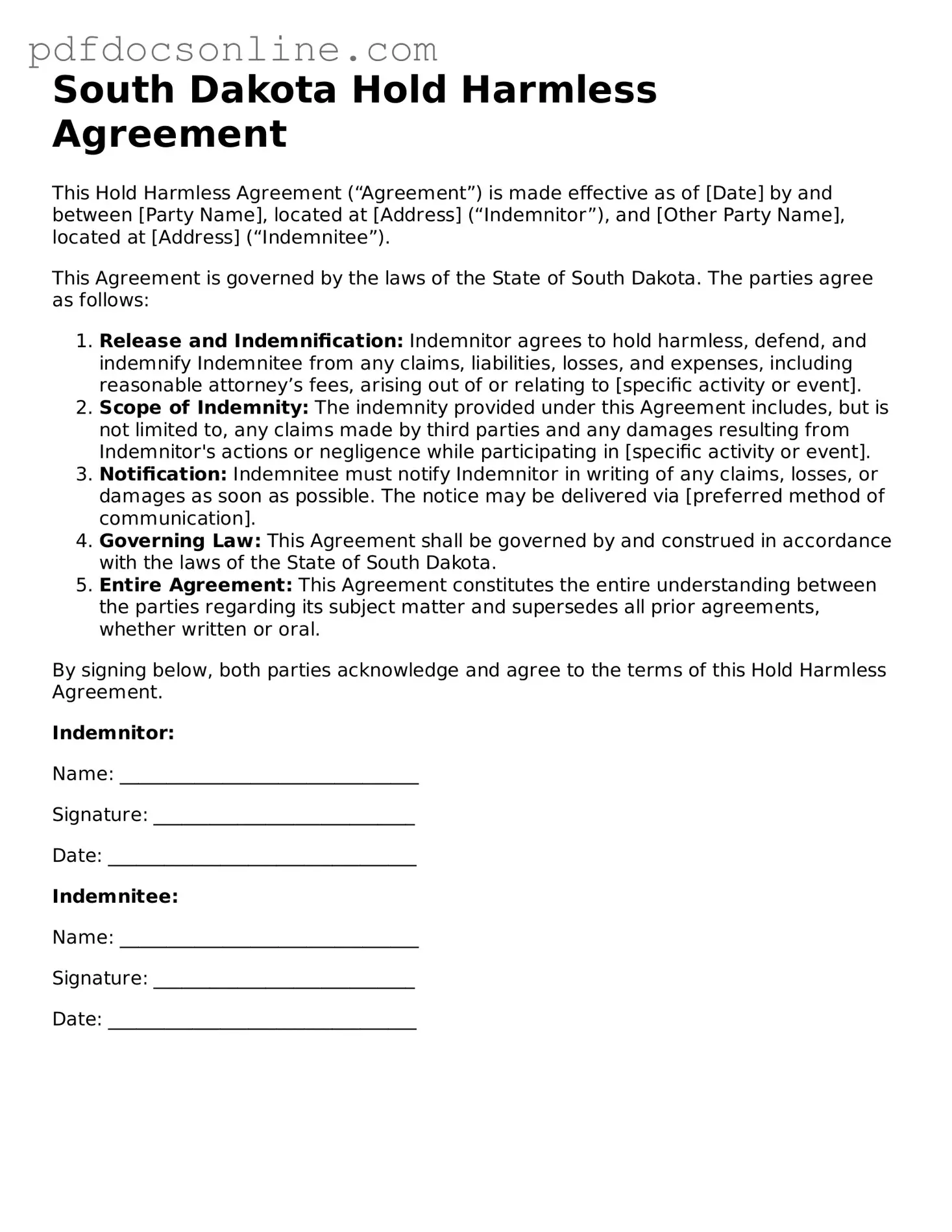 Attorney-Verified  Hold Harmless Agreement Form for South Dakota