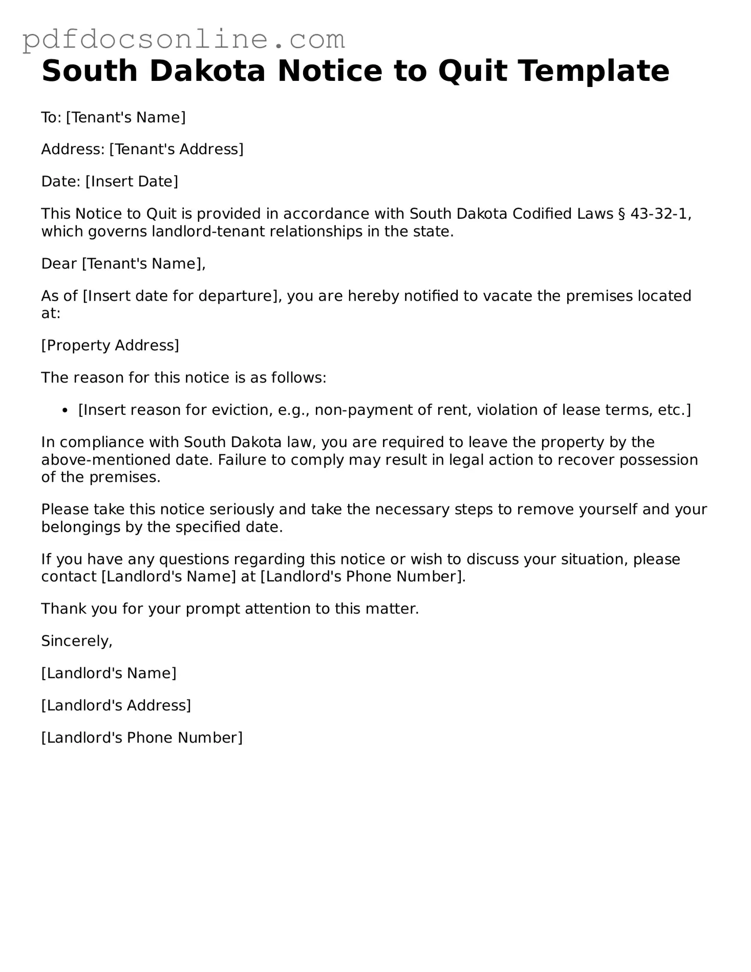 Attorney-Verified  Notice to Quit Form for South Dakota