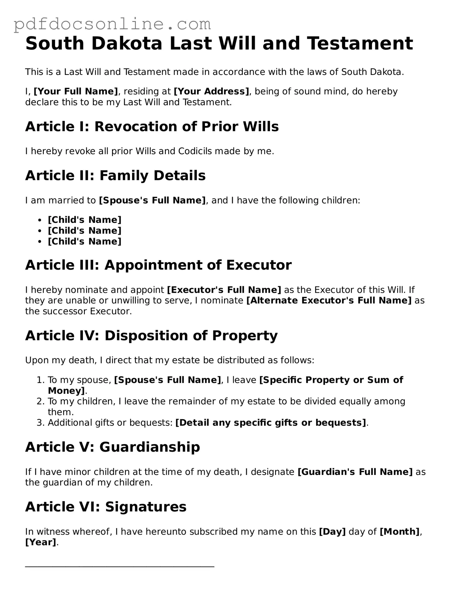 Attorney-Verified  Last Will and Testament Form for South Dakota