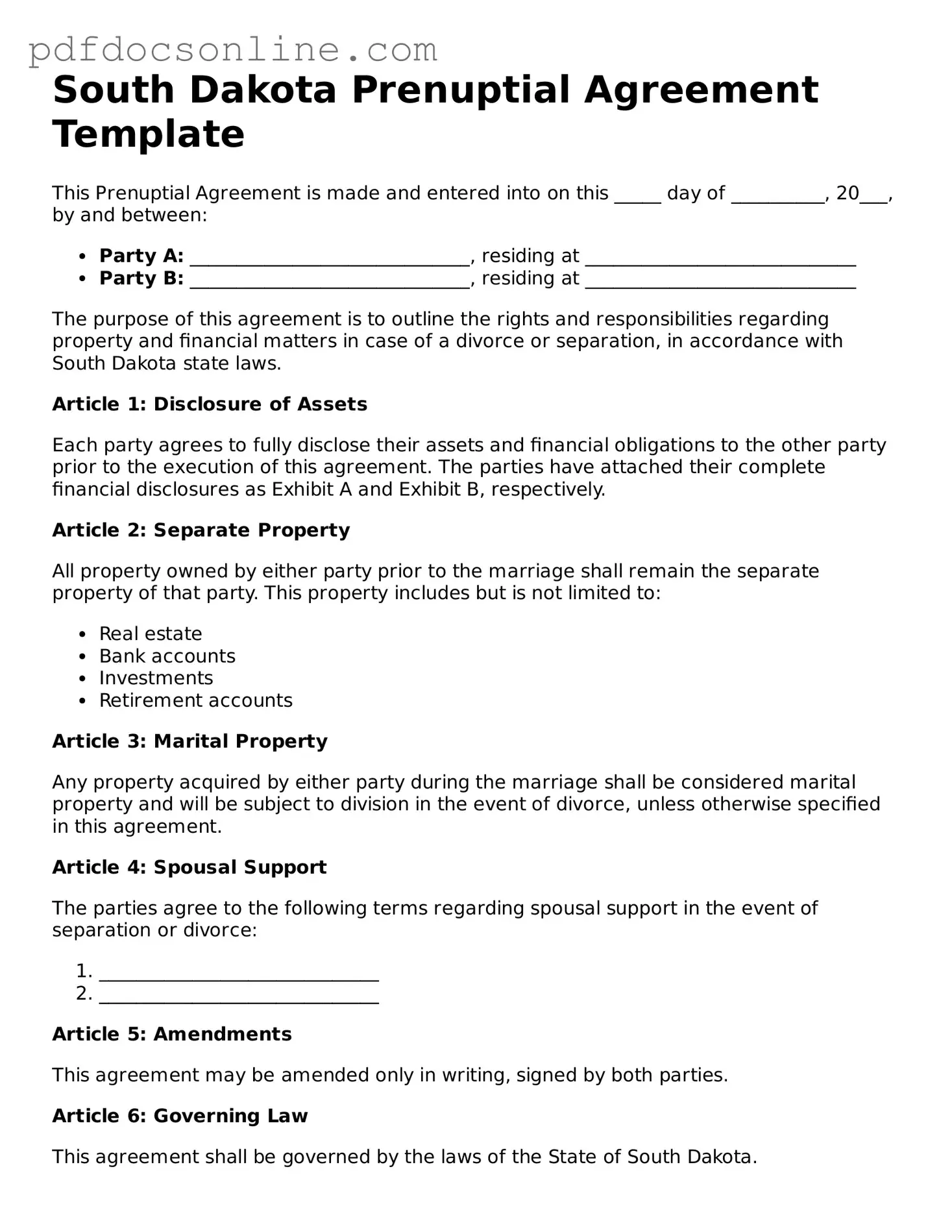 Attorney-Verified  Prenuptial Agreement Form for South Dakota