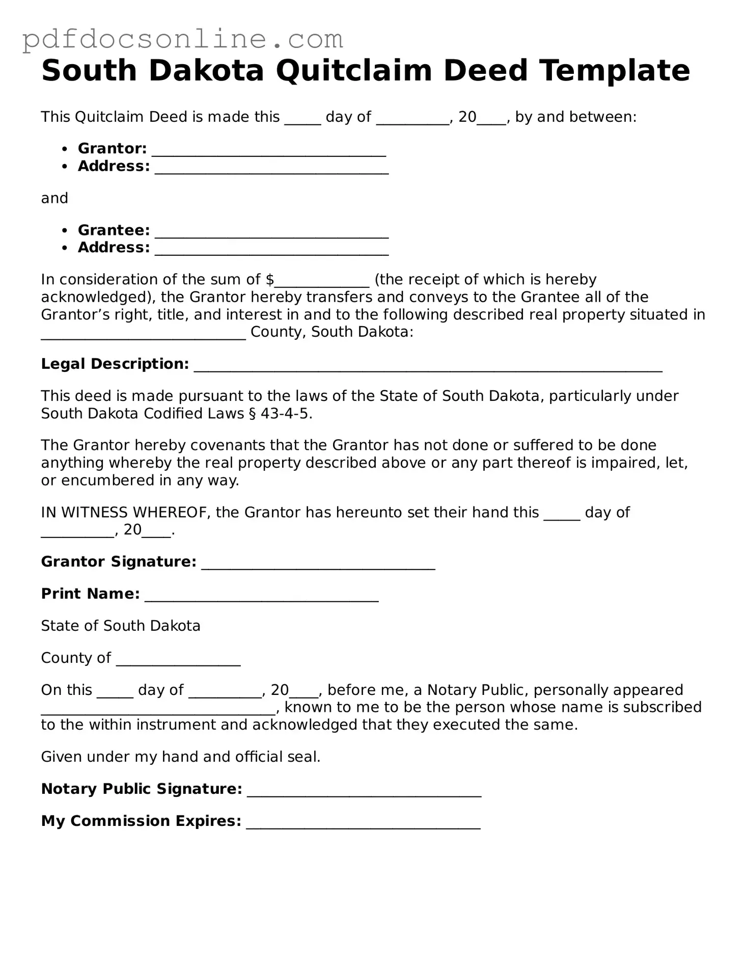 Attorney-Verified  Quitclaim Deed Form for South Dakota
