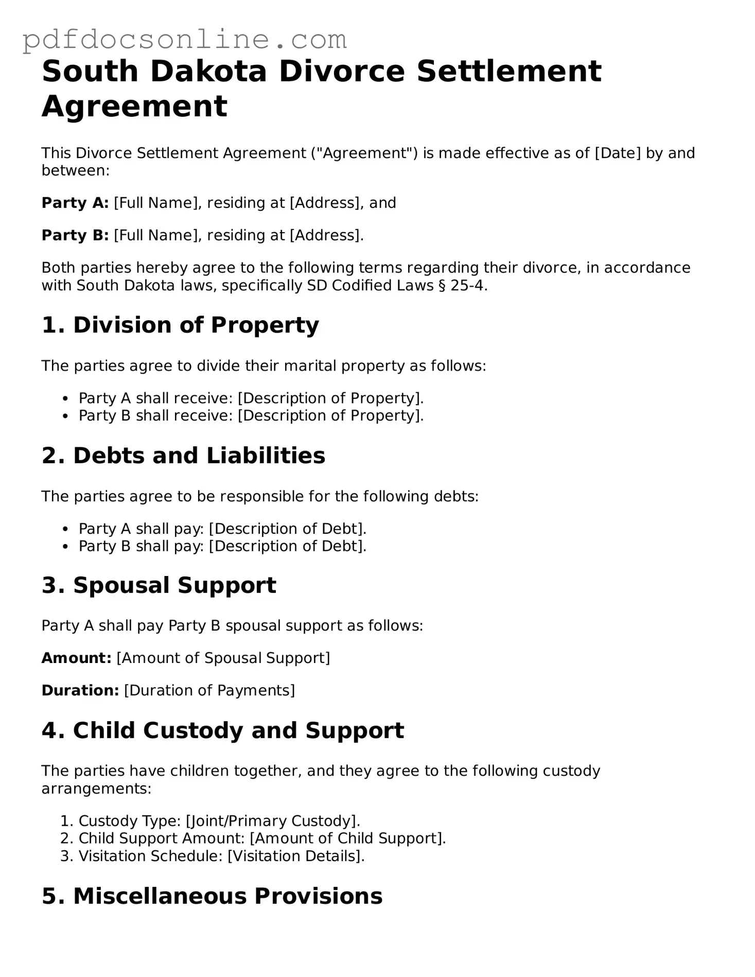 Attorney-Verified  Divorce Settlement Agreement Form for South Dakota