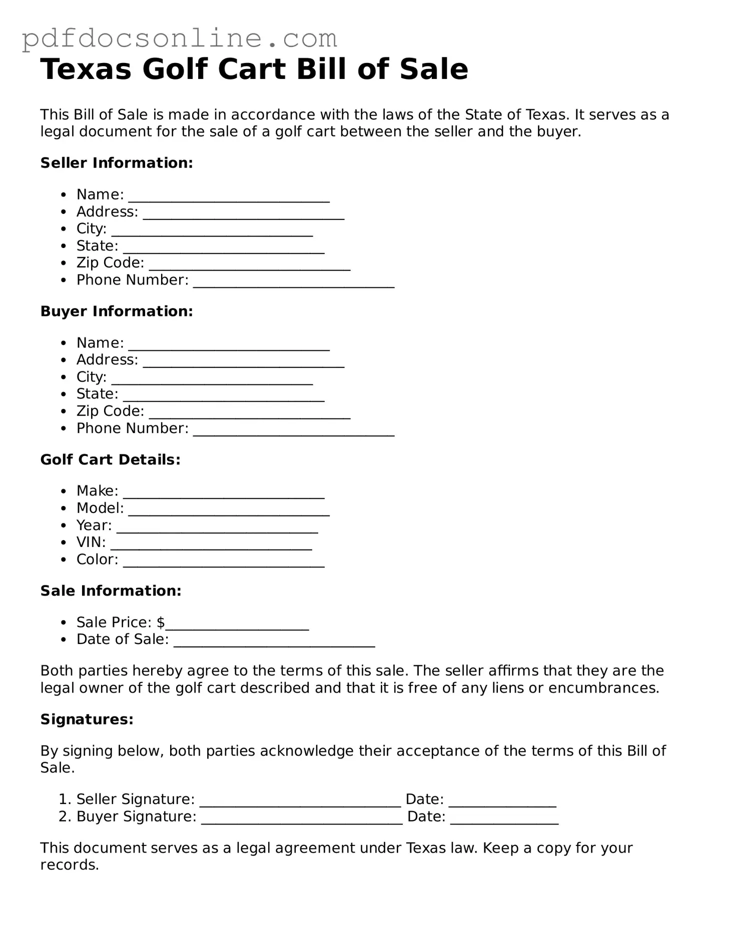 Attorney-Verified  Golf Cart Bill of Sale Form for Texas