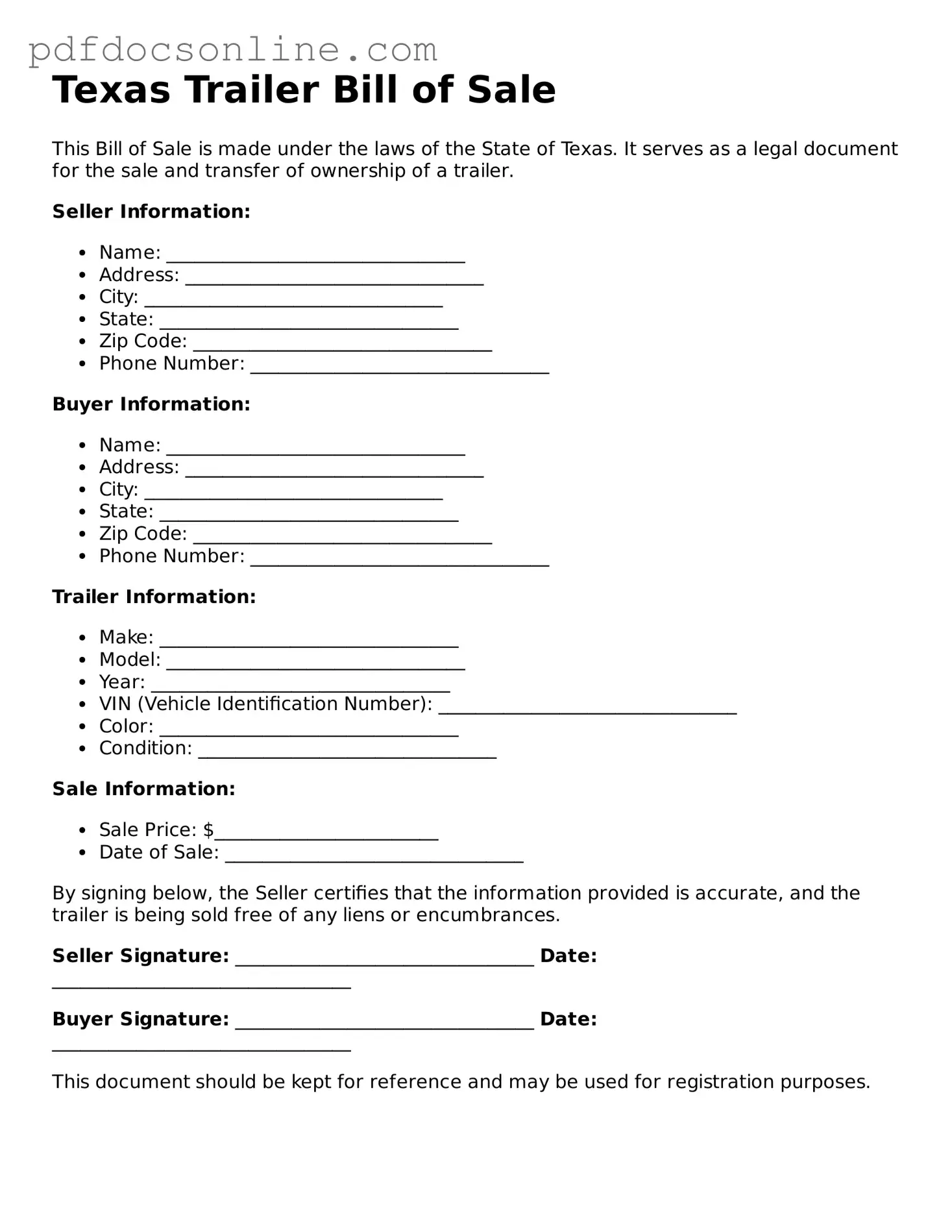 Attorney-Verified  Trailer Bill of Sale Form for Texas