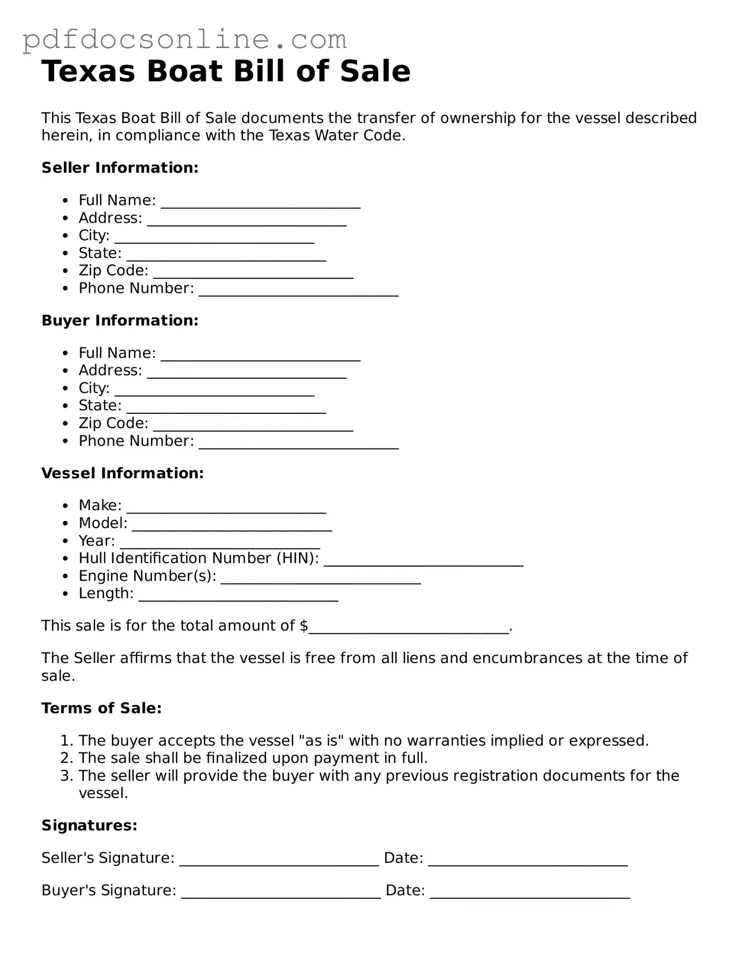 Attorney-Verified  Boat Bill of Sale Form for Texas
