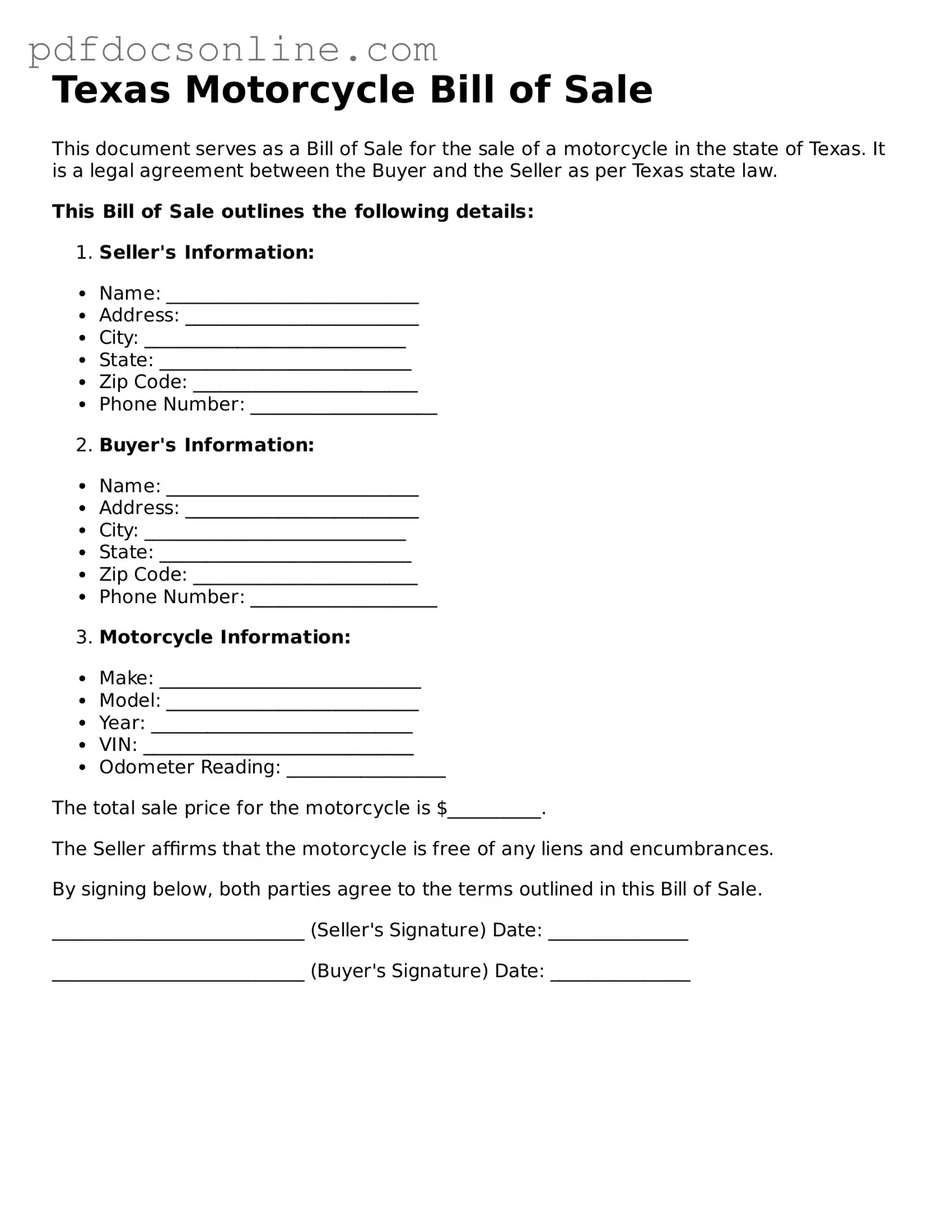 Attorney-Verified  Motorcycle Bill of Sale Form for Texas
