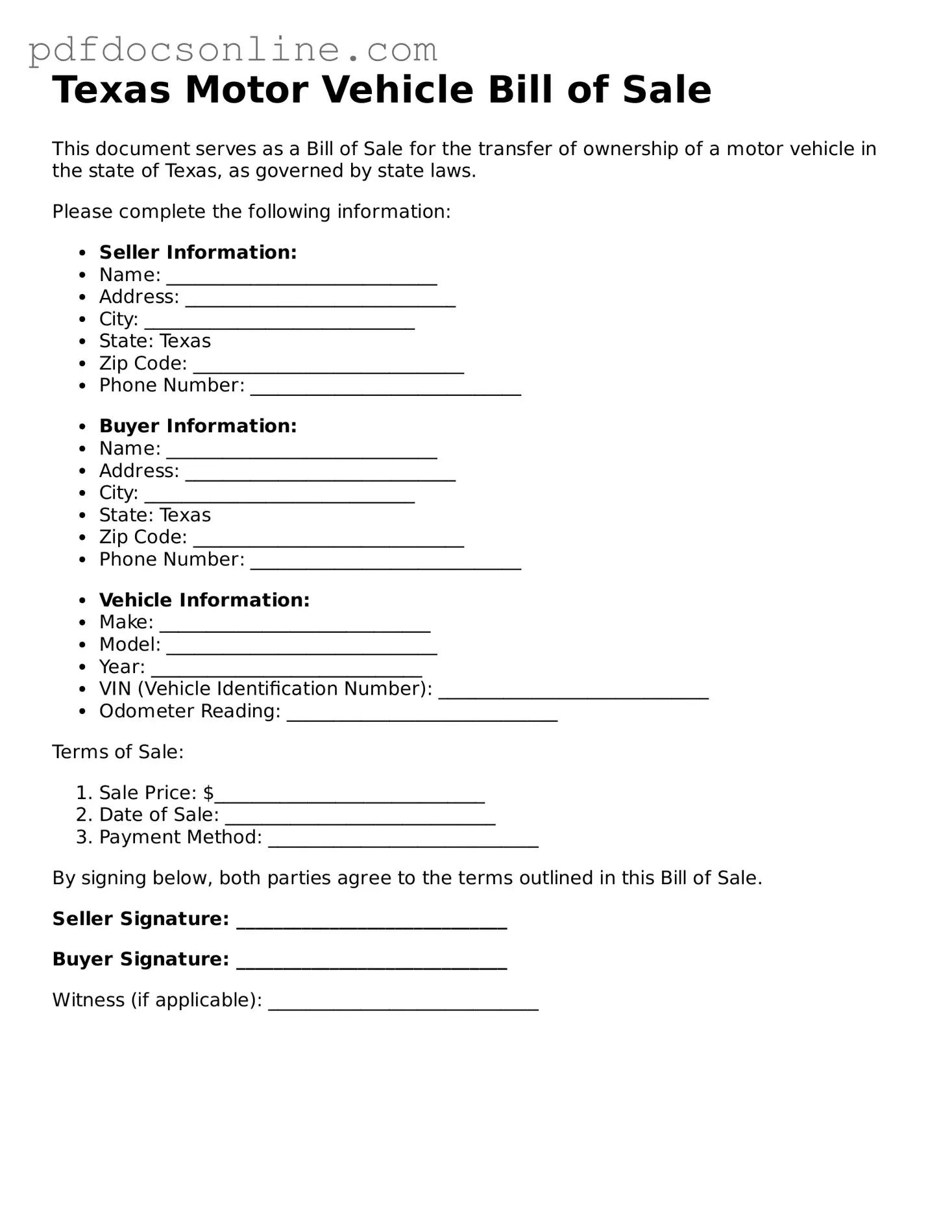 Attorney-Verified  Motor Vehicle Bill of Sale Form for Texas