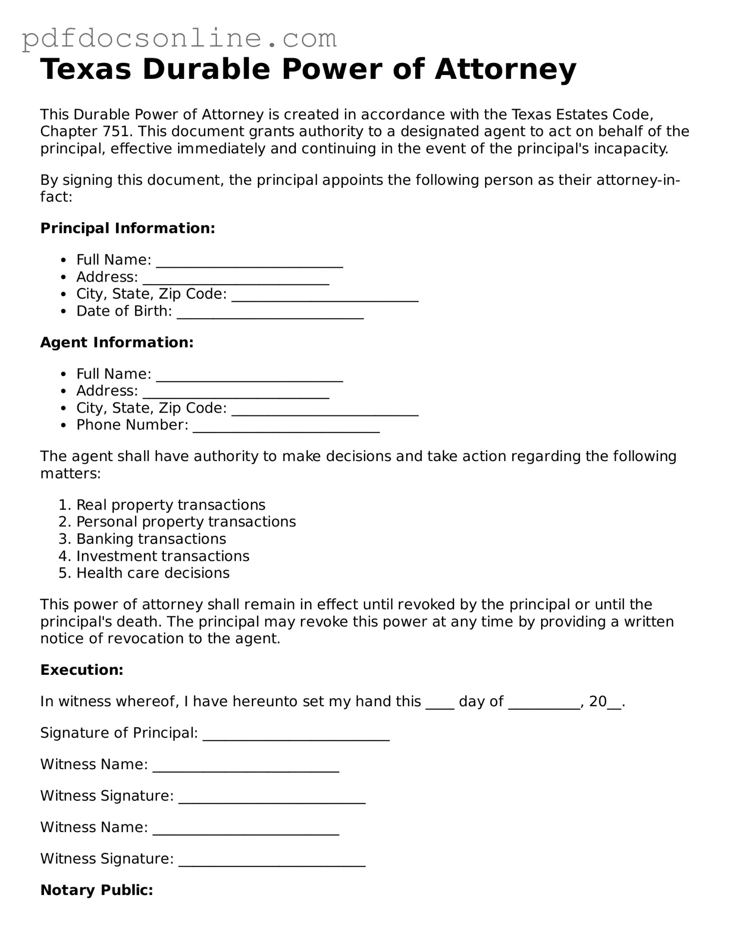 Attorney-Verified  Durable Power of Attorney Form for Texas