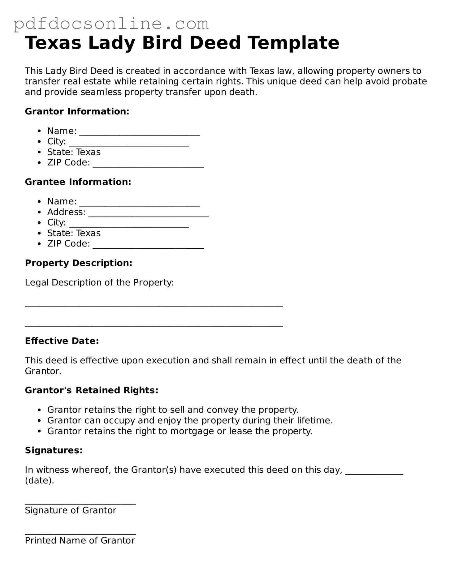 Attorney-Verified  Lady Bird Deed Form for Texas