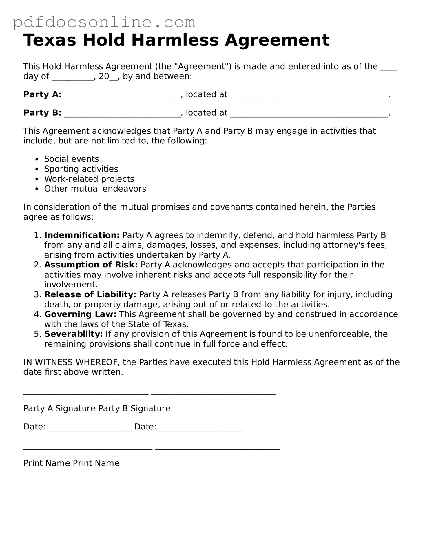 Attorney-Verified  Hold Harmless Agreement Form for Texas