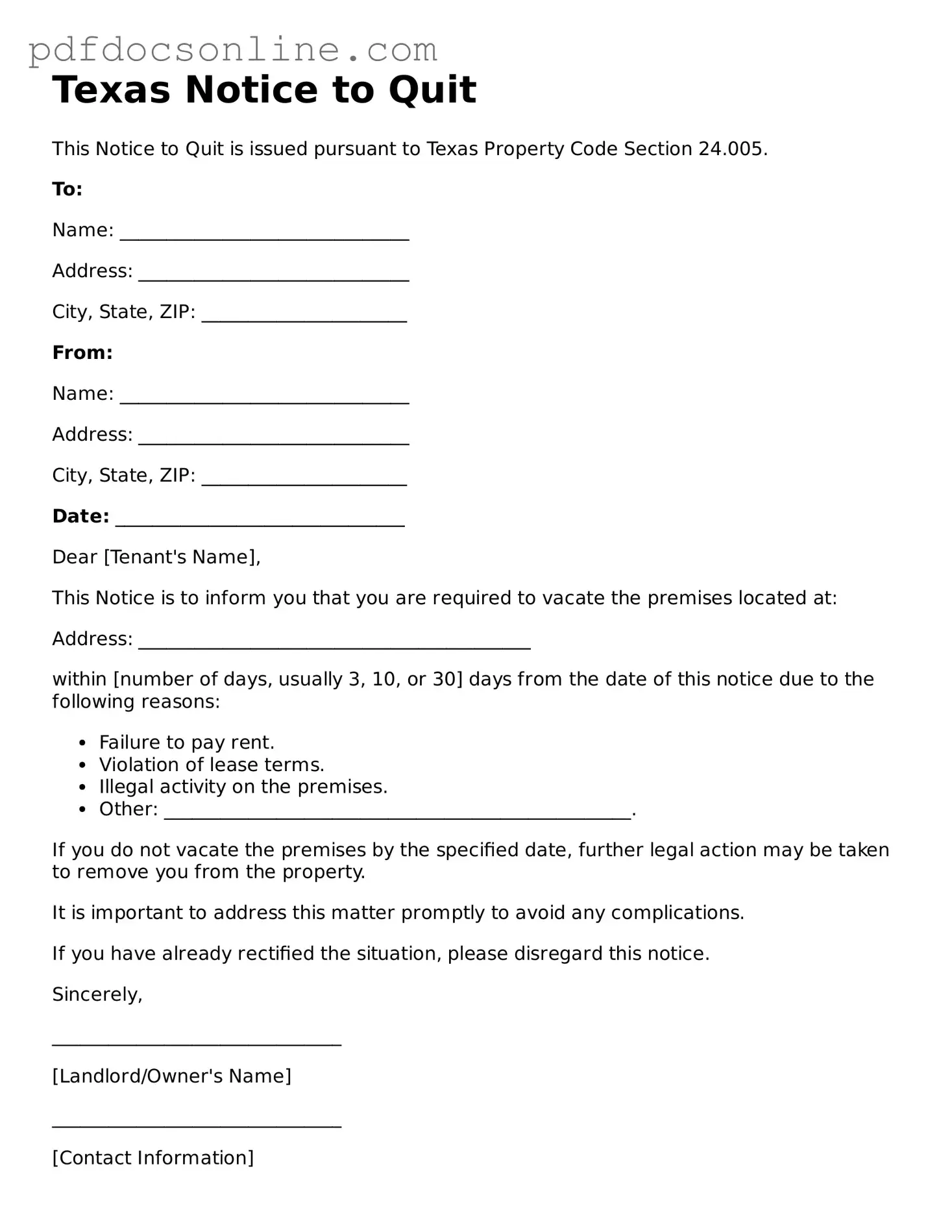 Attorney-Verified  Notice to Quit Form for Texas