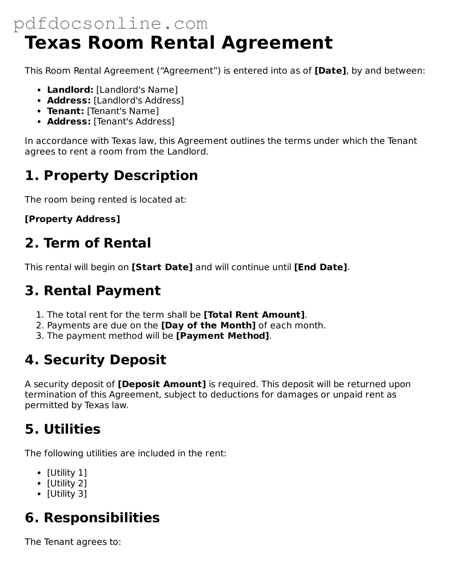 Attorney-Verified  Room Rental Agreement Form for Texas