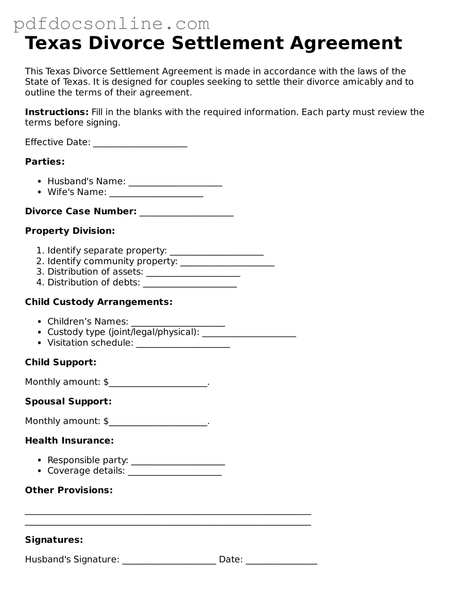 Attorney-Verified  Divorce Settlement Agreement Form for Texas