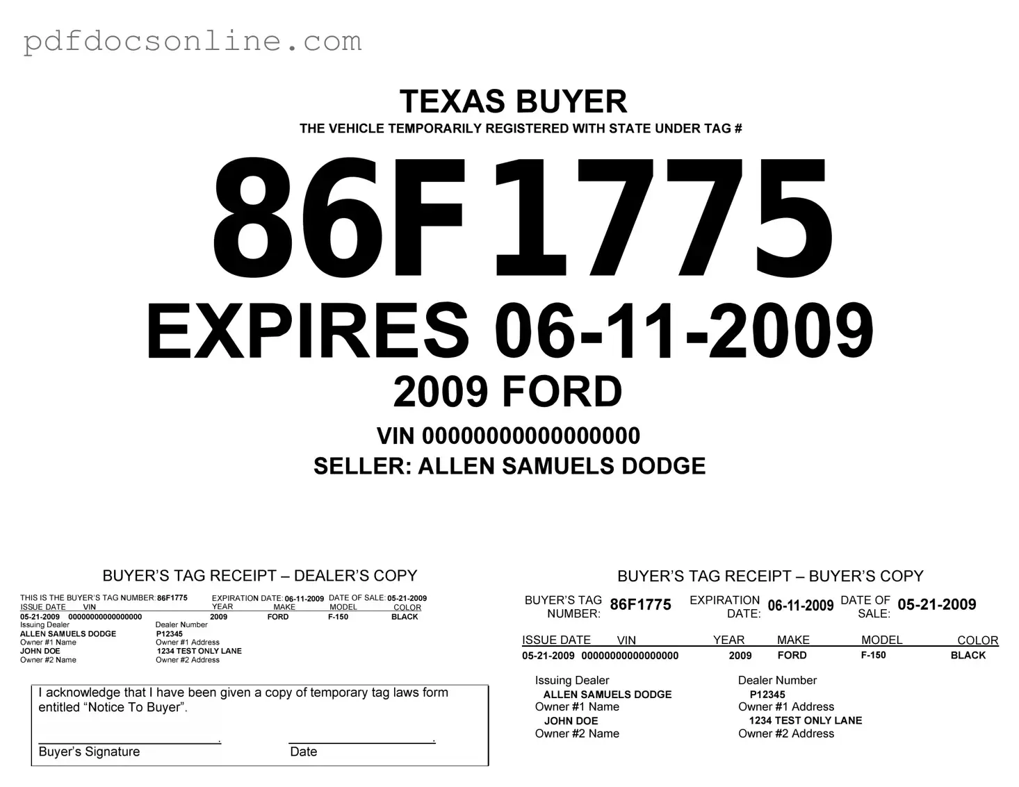 Fillable Texas Temporary Tag Form
