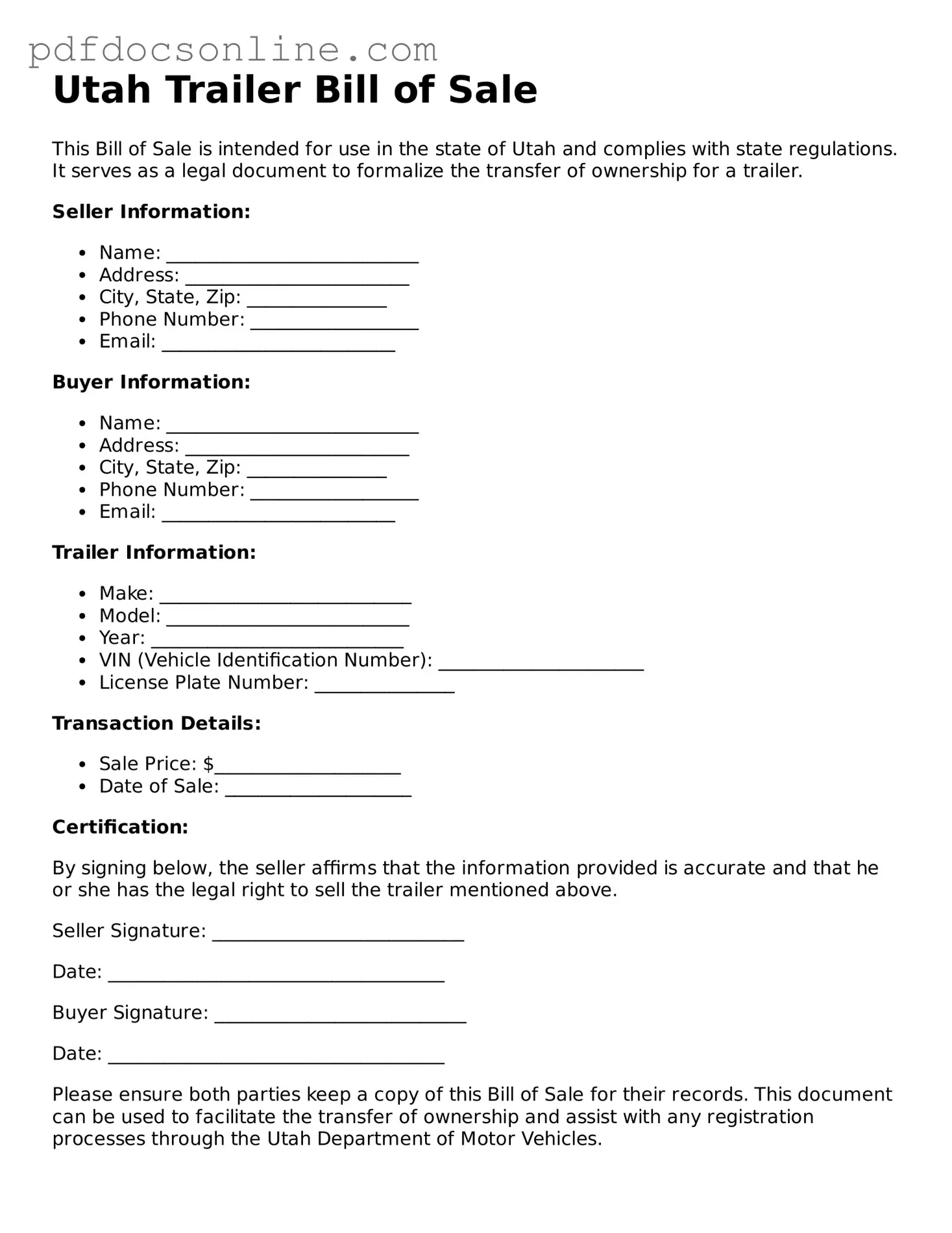Attorney-Verified  Trailer Bill of Sale Form for Utah