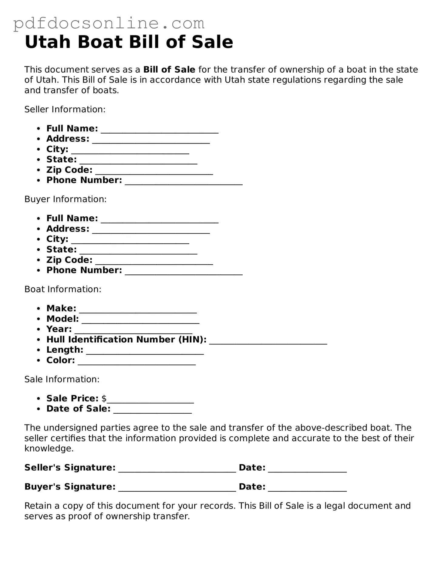 Attorney-Verified  Boat Bill of Sale Form for Utah