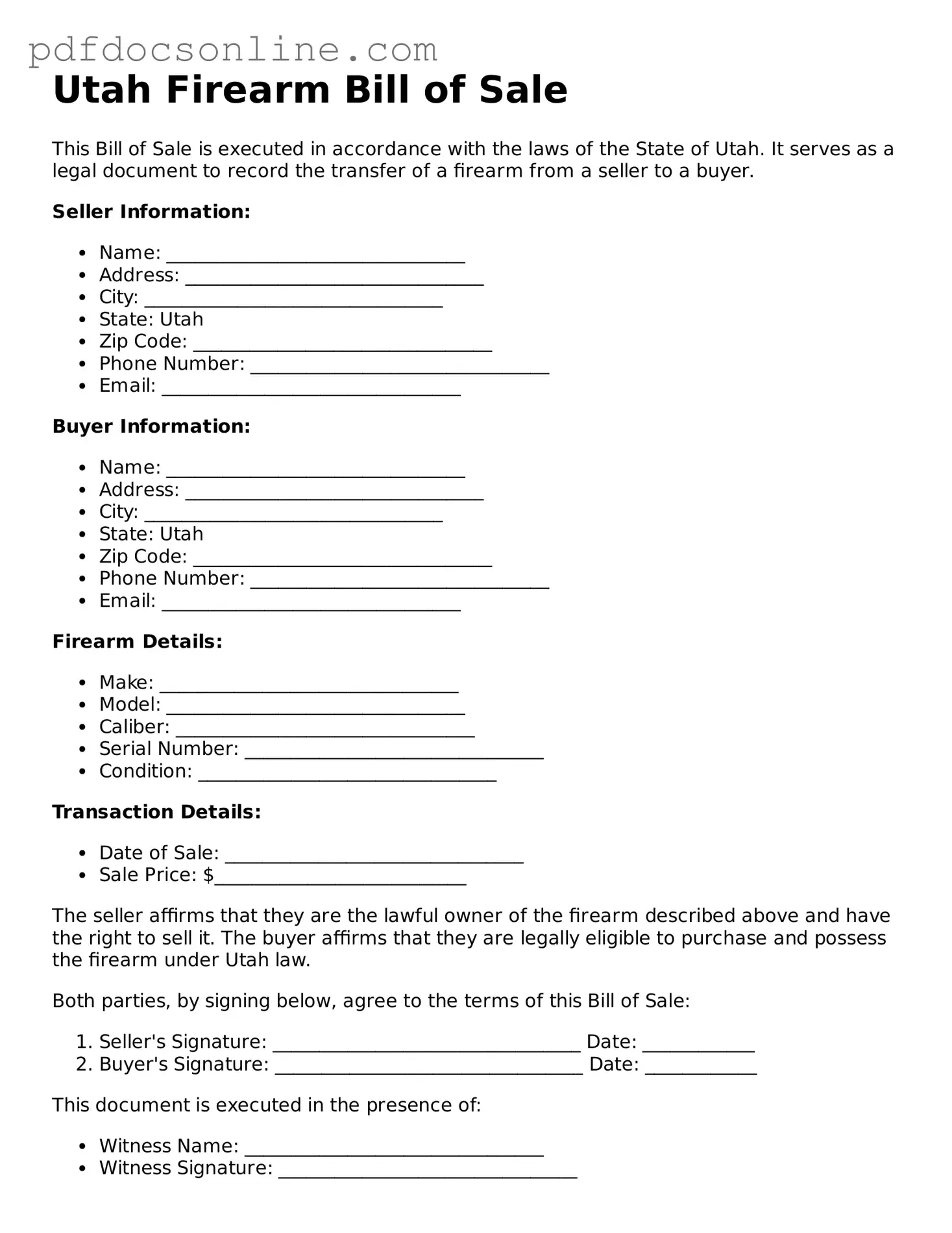 Attorney-Verified  Firearm Bill of Sale Form for Utah