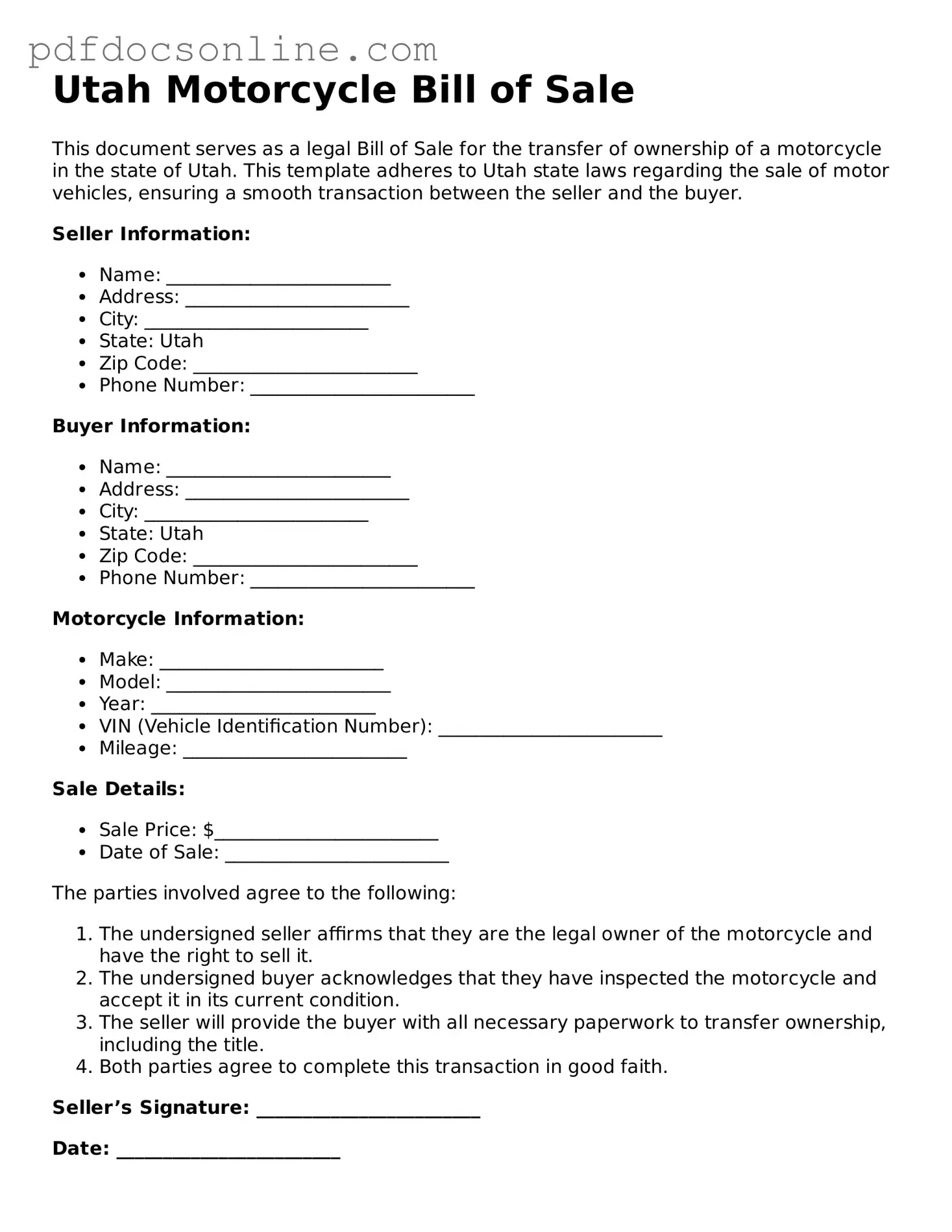 Attorney-Verified  Motorcycle Bill of Sale Form for Utah