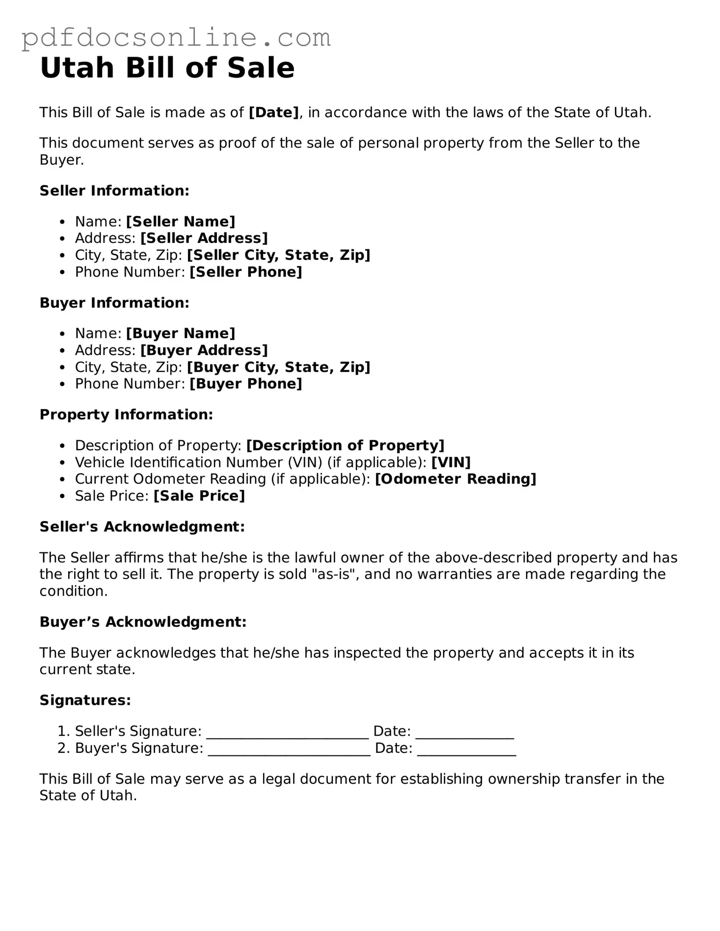 Attorney-Verified  Bill of Sale Form for Utah